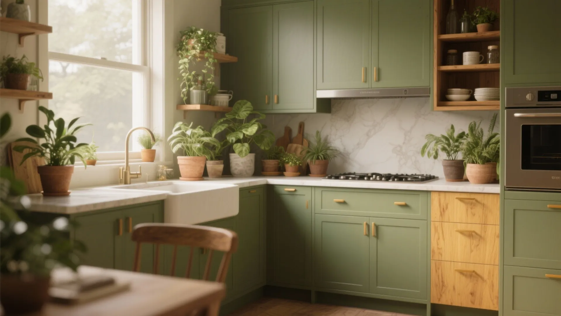 Kitchen with green cabinets wooden shelves white sink marble wall and many green indoor plants