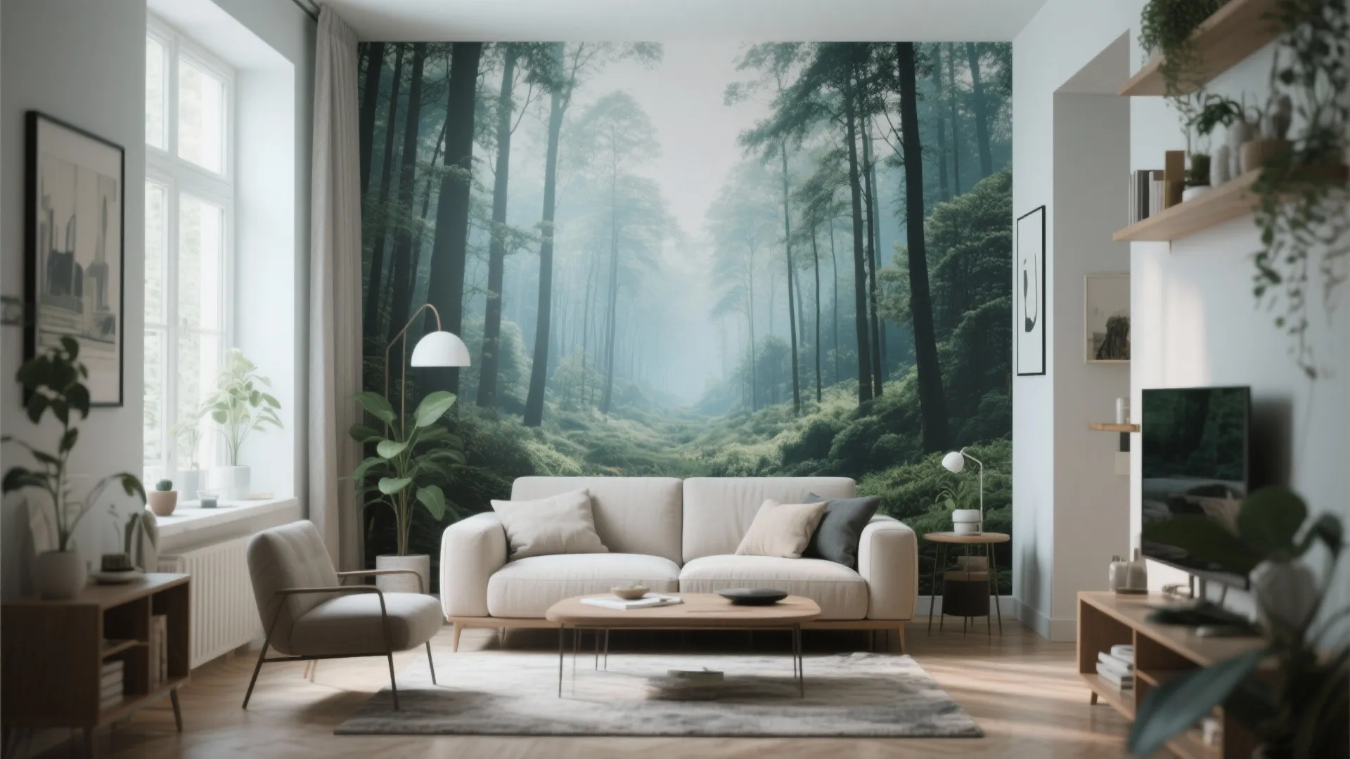 Modern living room featuring forest scene wall mural white sofa wooden table and bright natural light