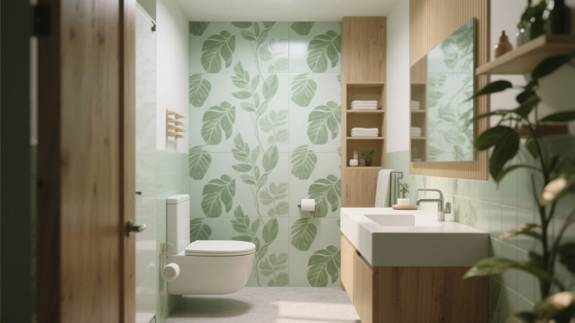 Modern bathroom with green leaf pattern wall tiles wood cabinet white sink and a white toilet