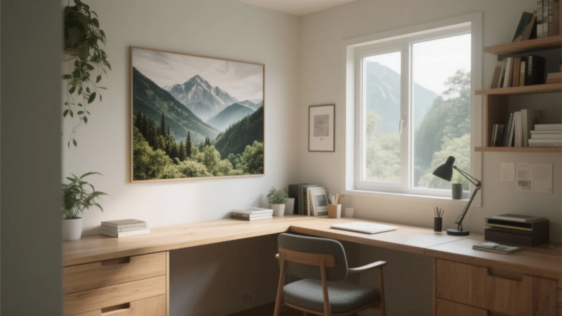Minimalist corner workspace with wooden L-shaped desk, mountain wall art, window, and grey office chair