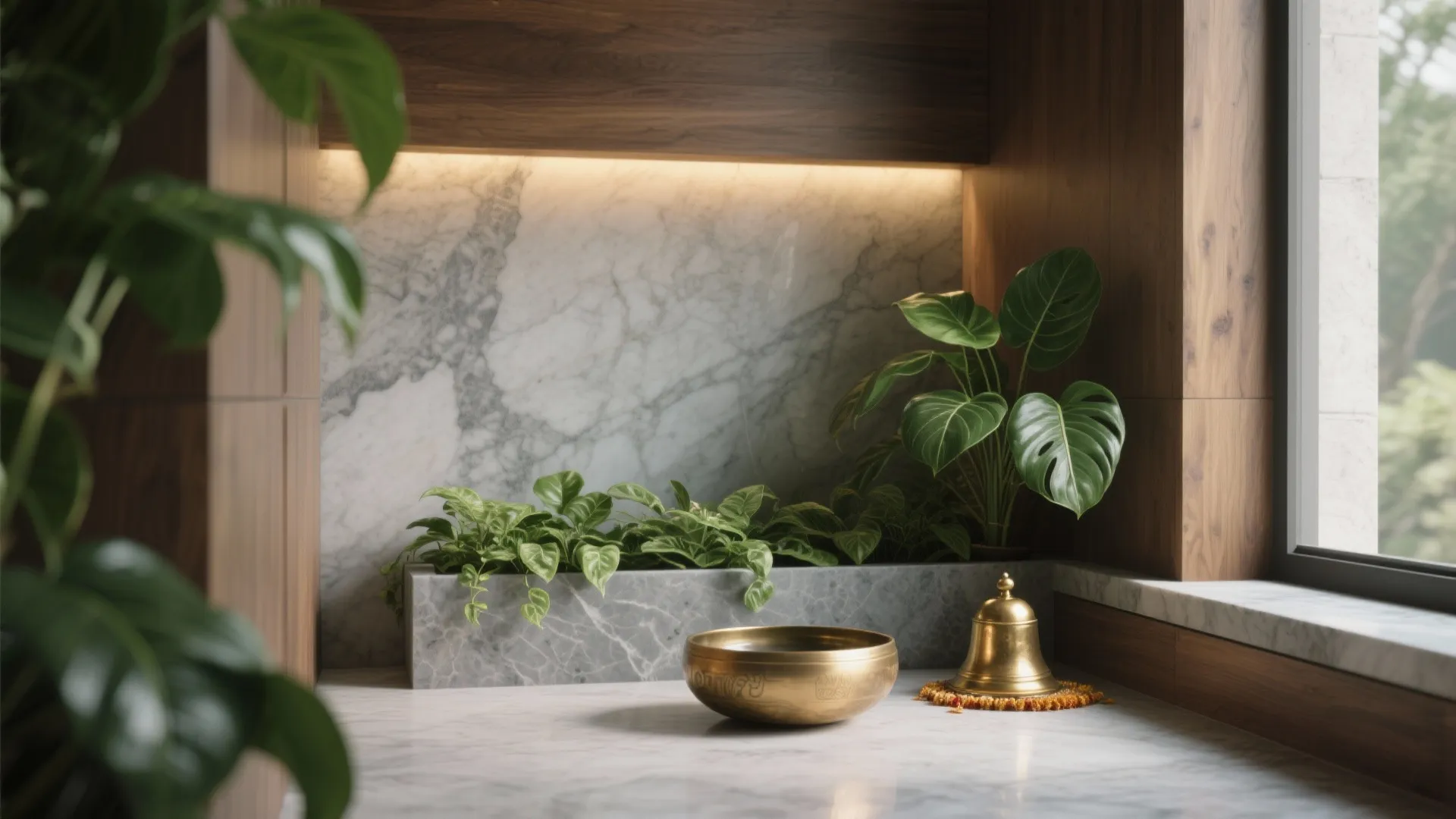 Nature-Forward Pooja Corner: Stone, Plants, and Daylight