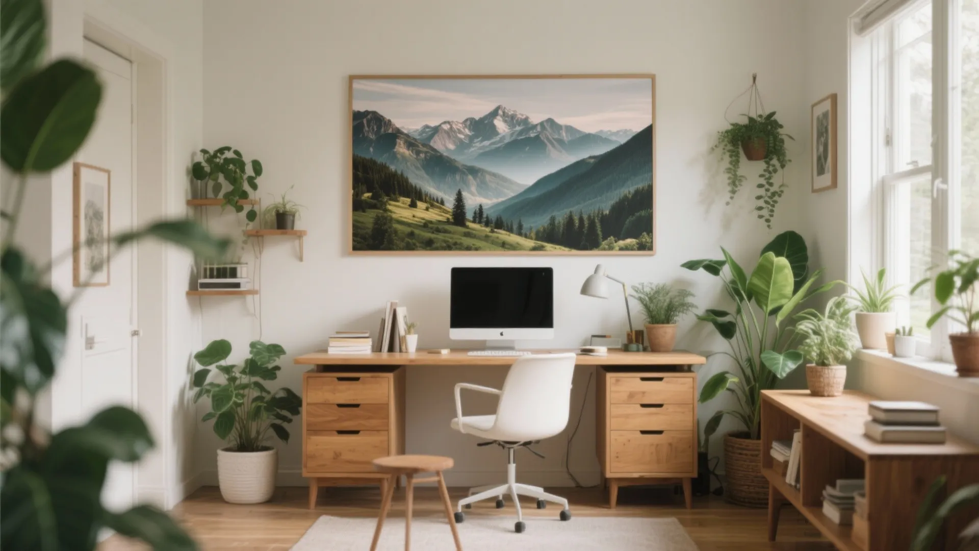 Modern workspace with computer monitor wooden desk green plants and large mountain landscape wall art