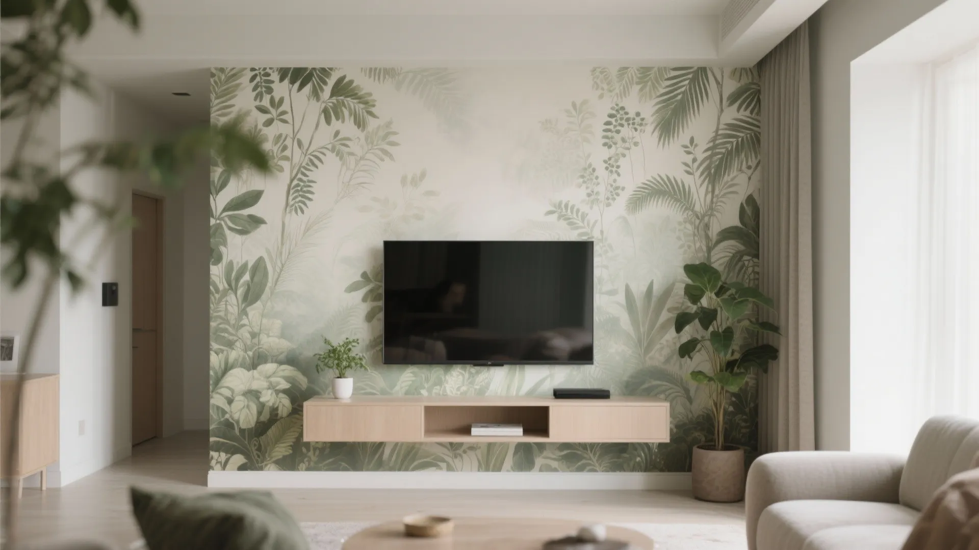 Living room with green leaf pattern wallpaper wall mounted television floating wooden cabinet and indoor plants