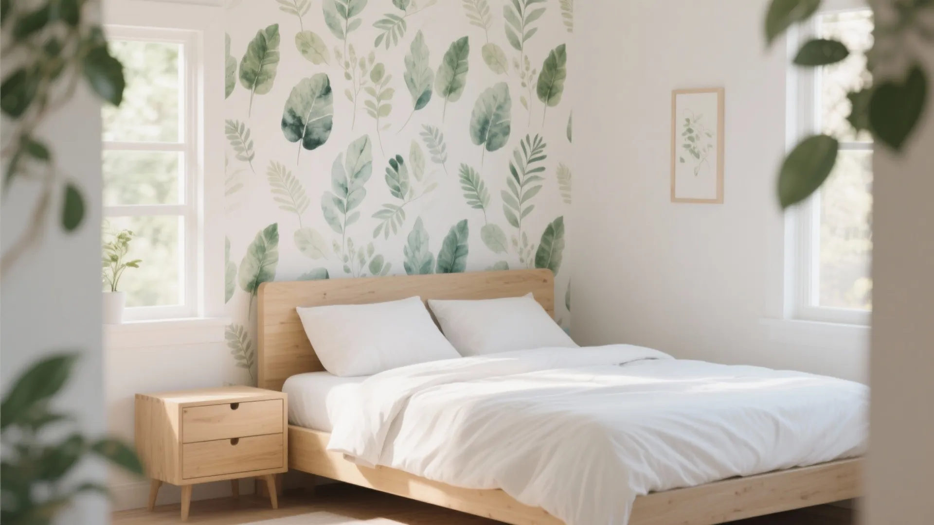 Small bedroom featuring botanical watercolor wallpaper and light woods