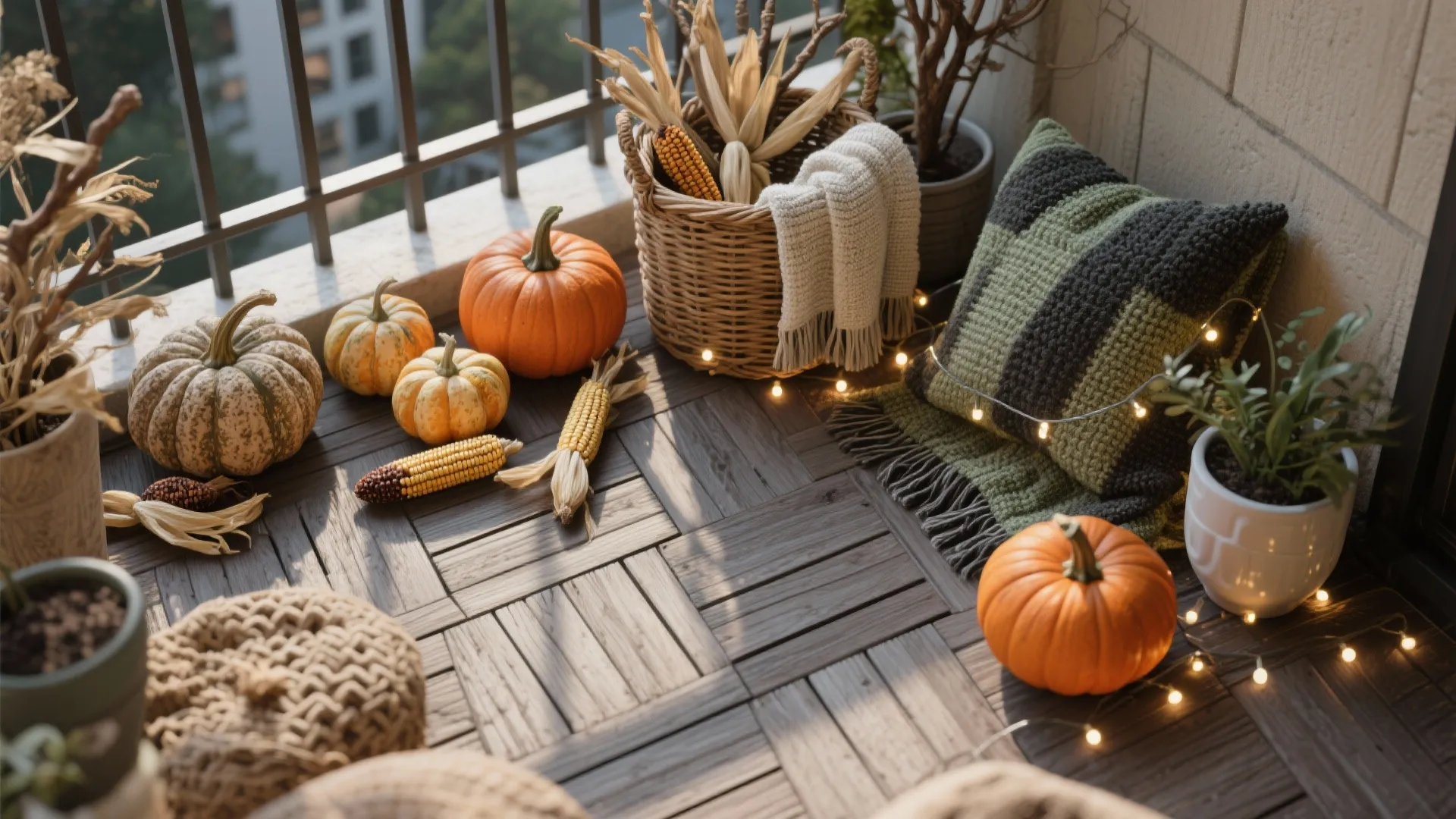 Cozy balcony area decorated with orange pumpkins, dried corn, woven basket, cushion, and string lights