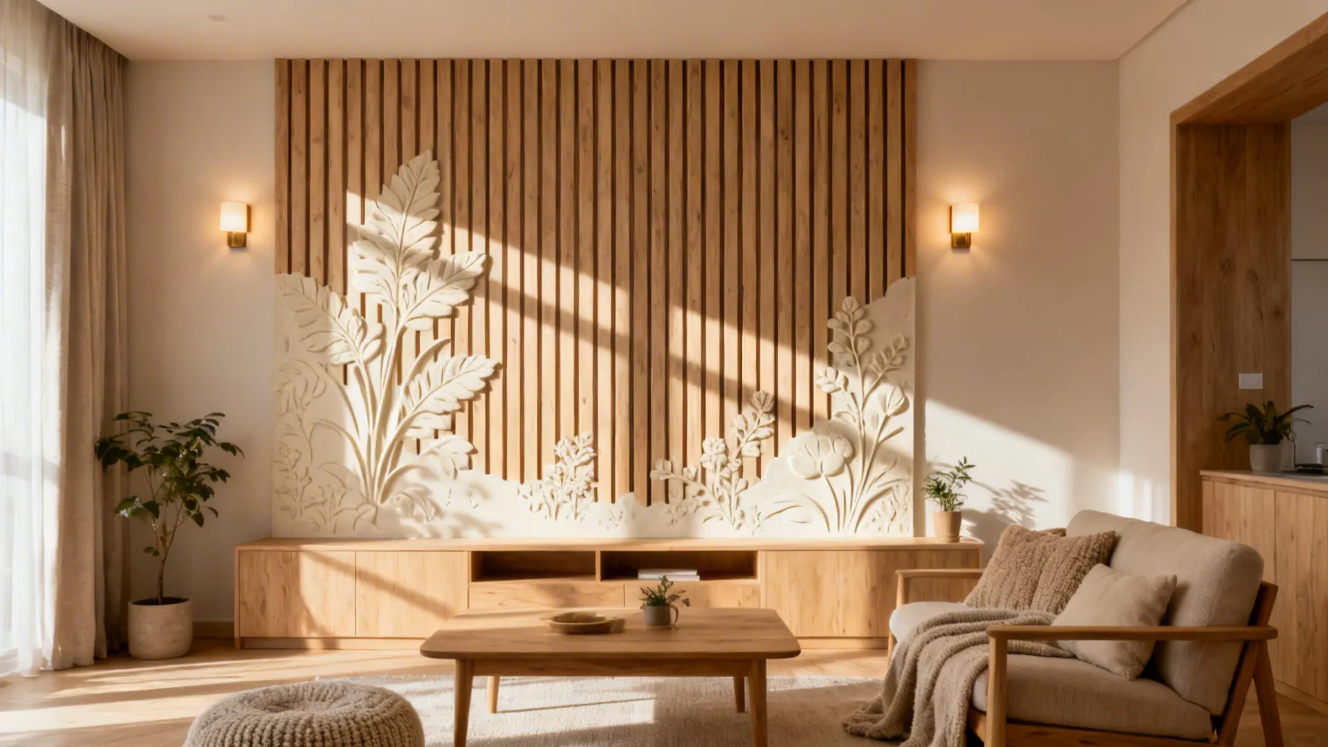 Small living room with a wood-slat and botanical 3D print accent wall in warm neutrals.