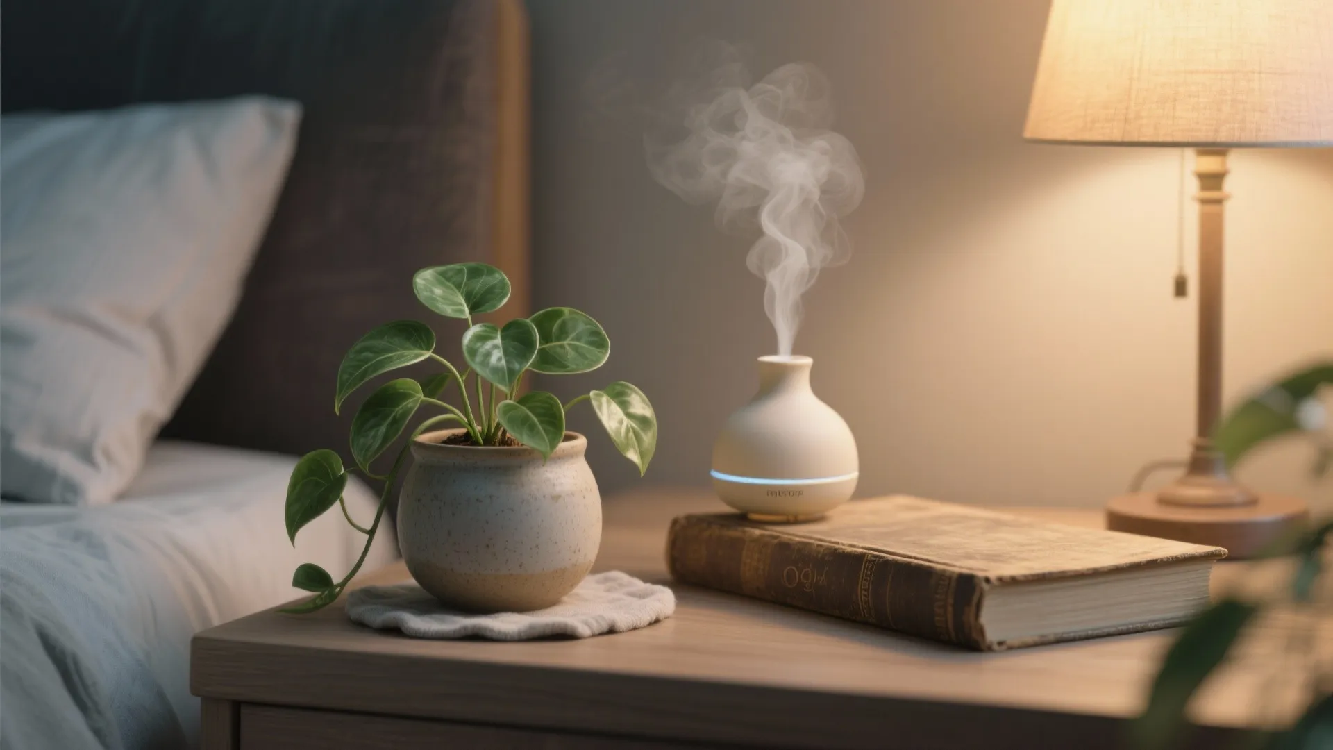 Nightstand with small green plant and mist from white diffuser and book and warm lamp