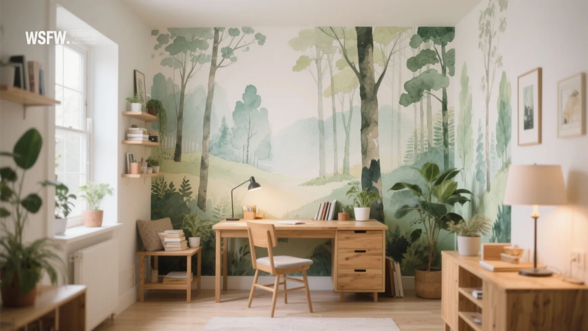Study room featuring forest wallpaper behind wooden desk plus chair with green plants and light