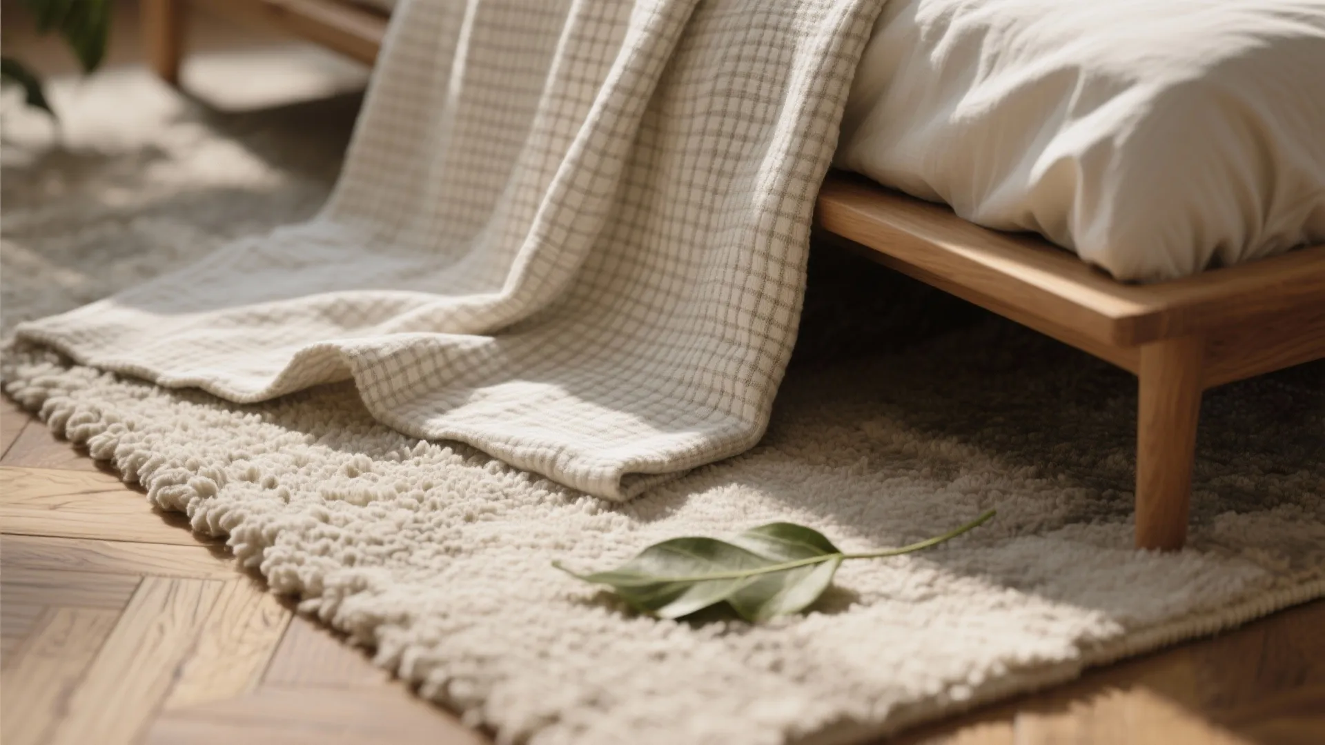 Close up of soft cream blanket on wooden bed frame with fluffy rug and leaf