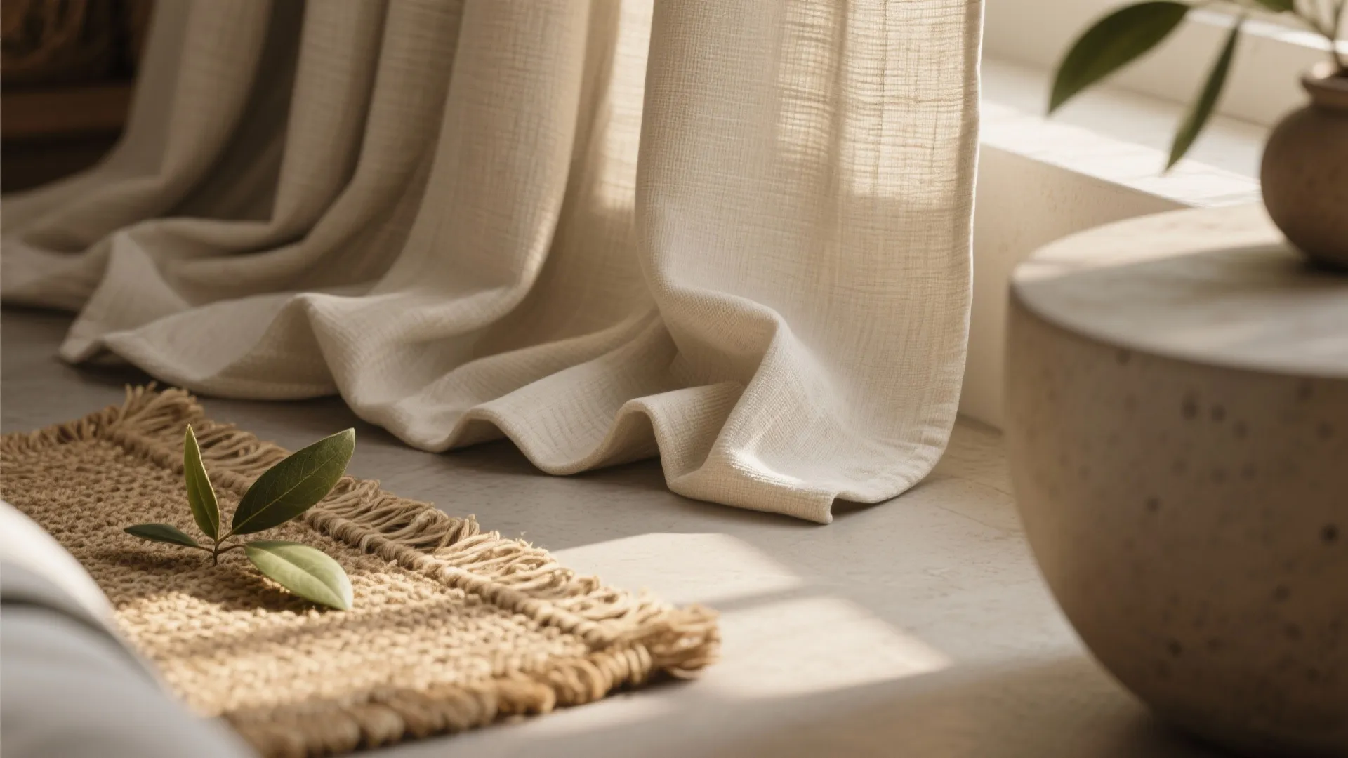 Close up of beige linen curtains and woven rug with green leaves in warm sunlight