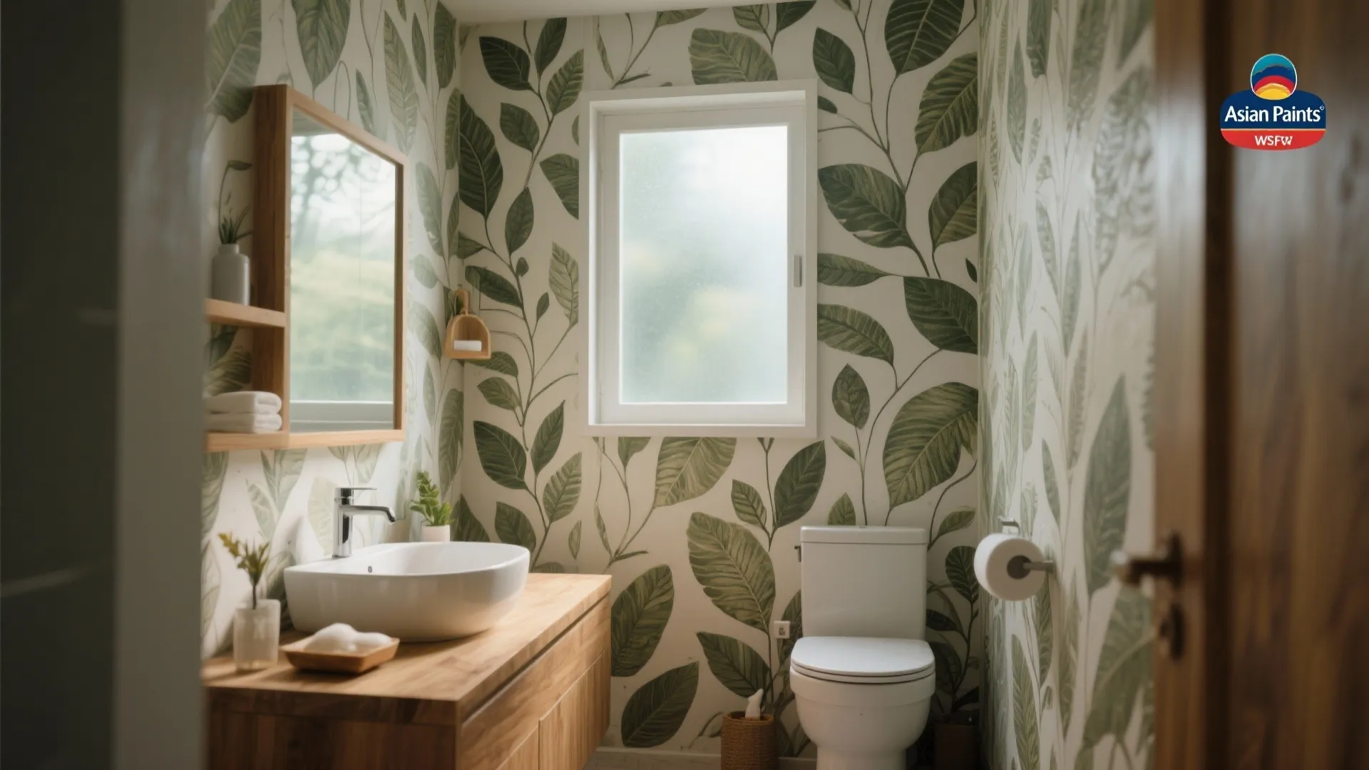 Modern bathroom featuring green leaf pattern wallpaper, wooden cabinet, white sink, and a central window