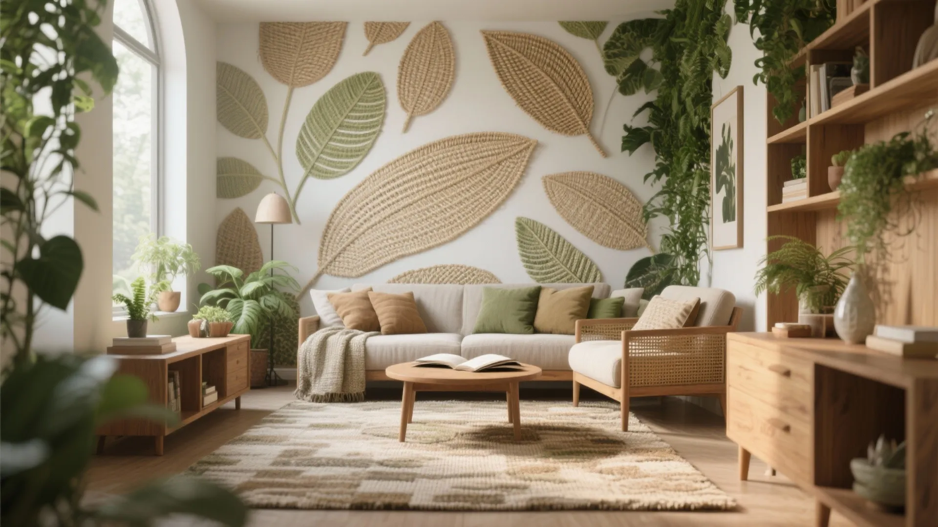 Living room with leaf wall art and beige sofa and wood table plus green plants everywhere