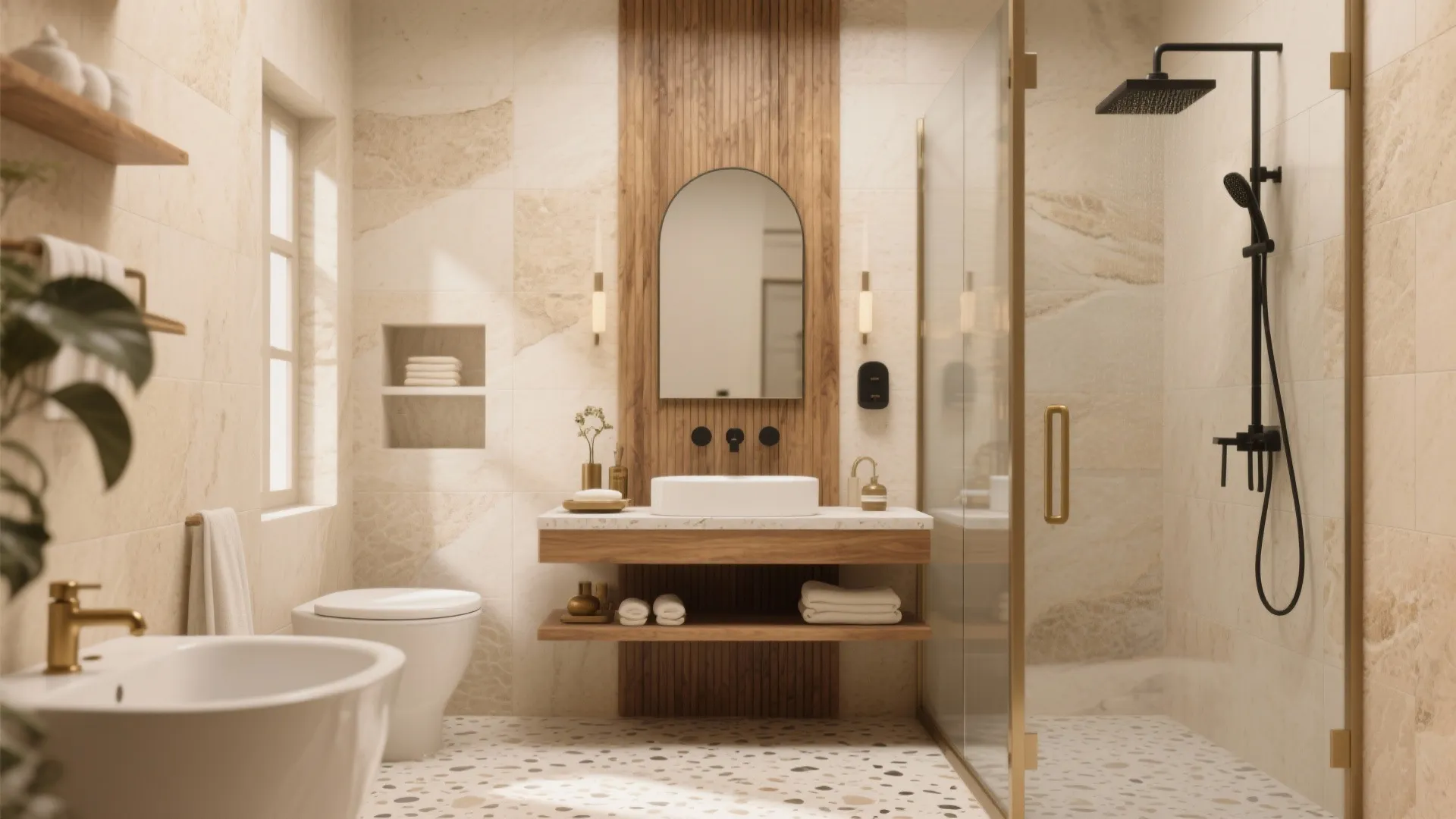 Warm bathroom interior with wood wall panel, white sink, black light fixture, and arched mirror