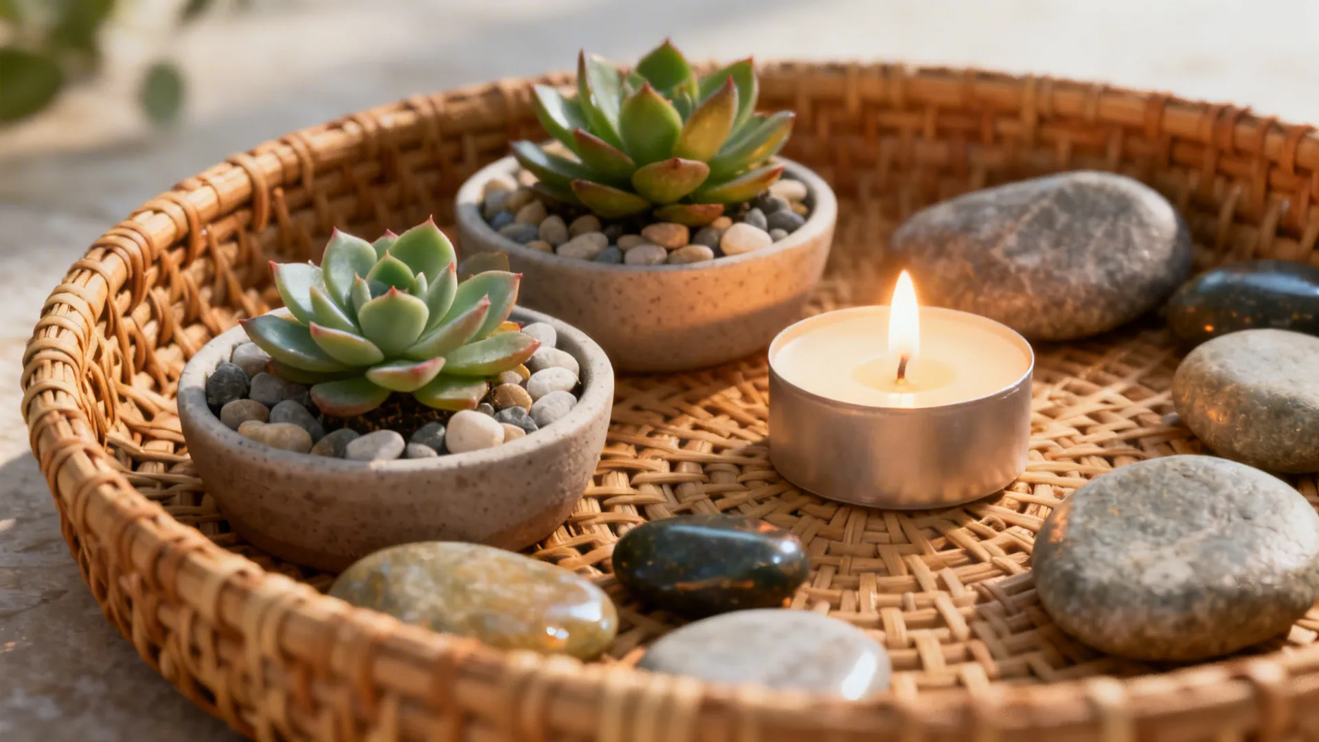 Rattan tray with succulents, polished stones, and a tea light creating a warm centerpiece.