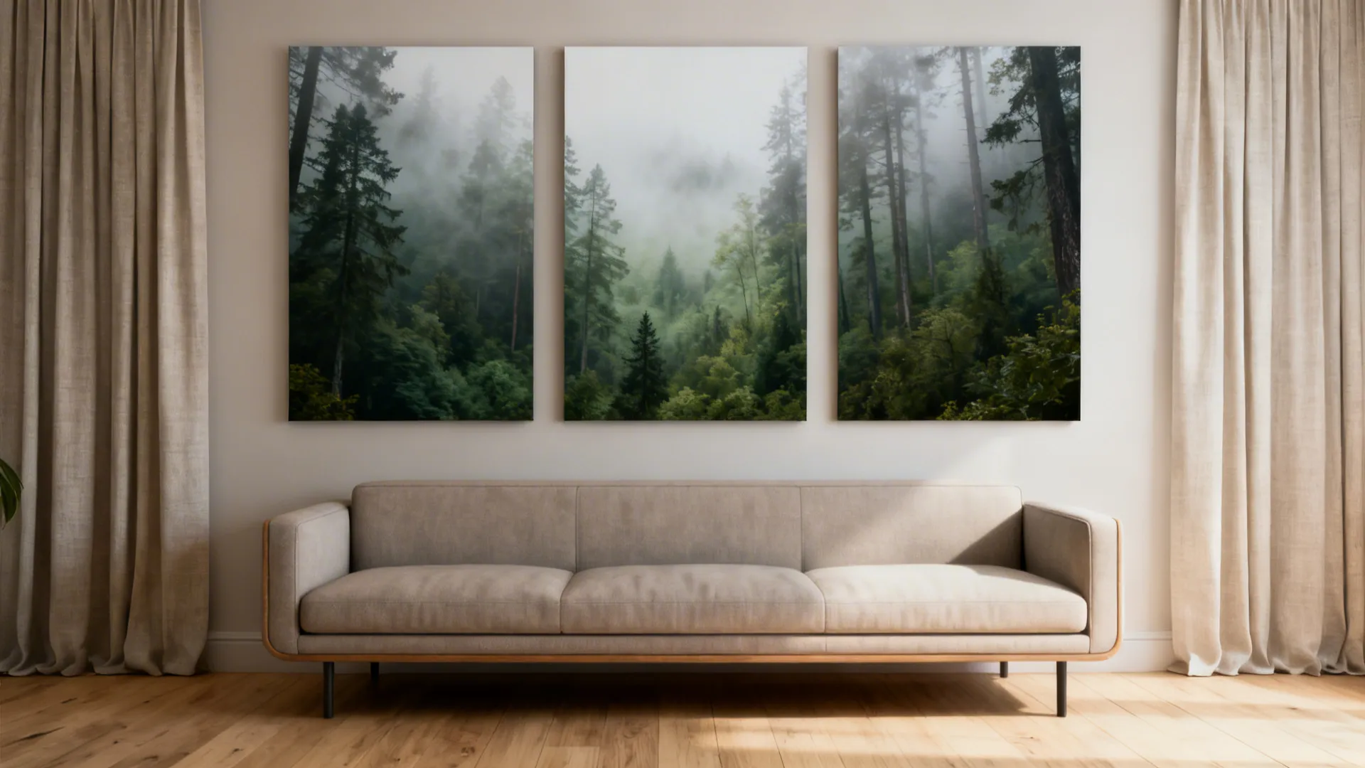 Modern living room with forest paintings on wall beige sofa wood floor and long curtains