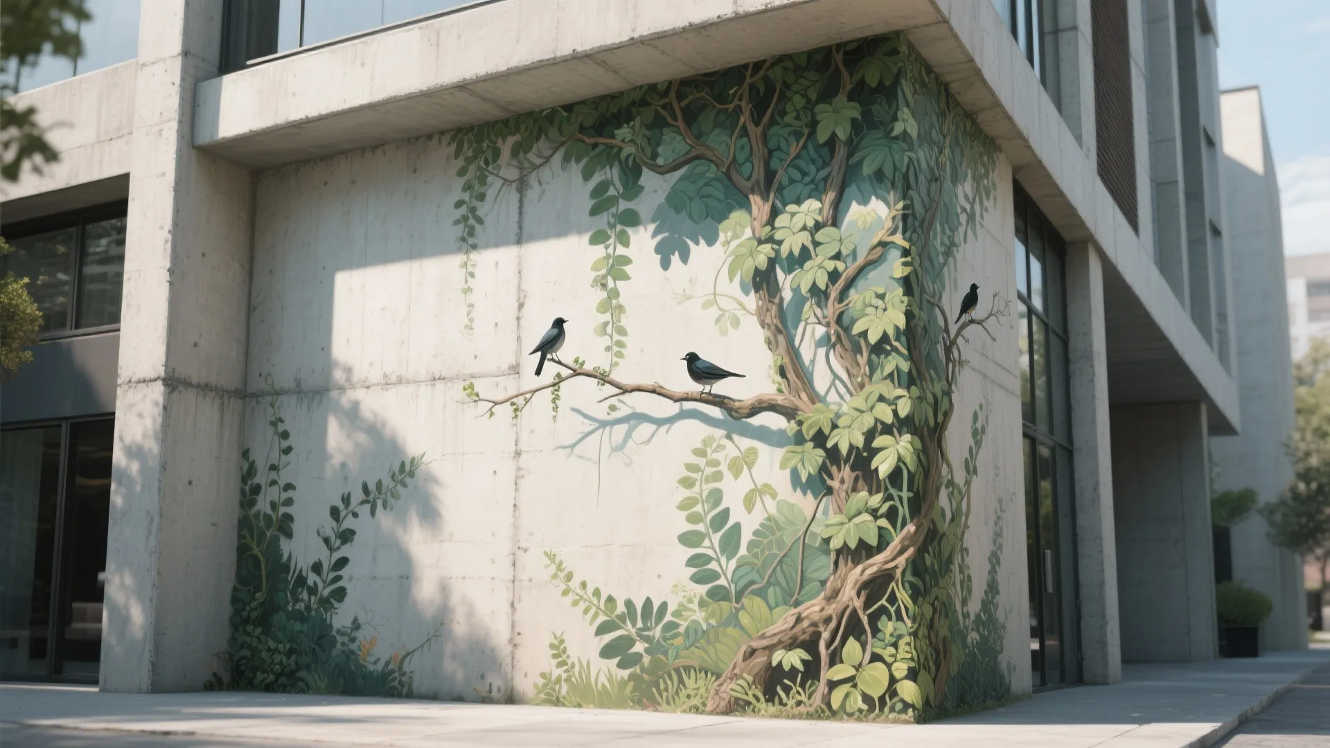 Concrete building corner decorated with a green tree mural featuring small birds and climbing plants