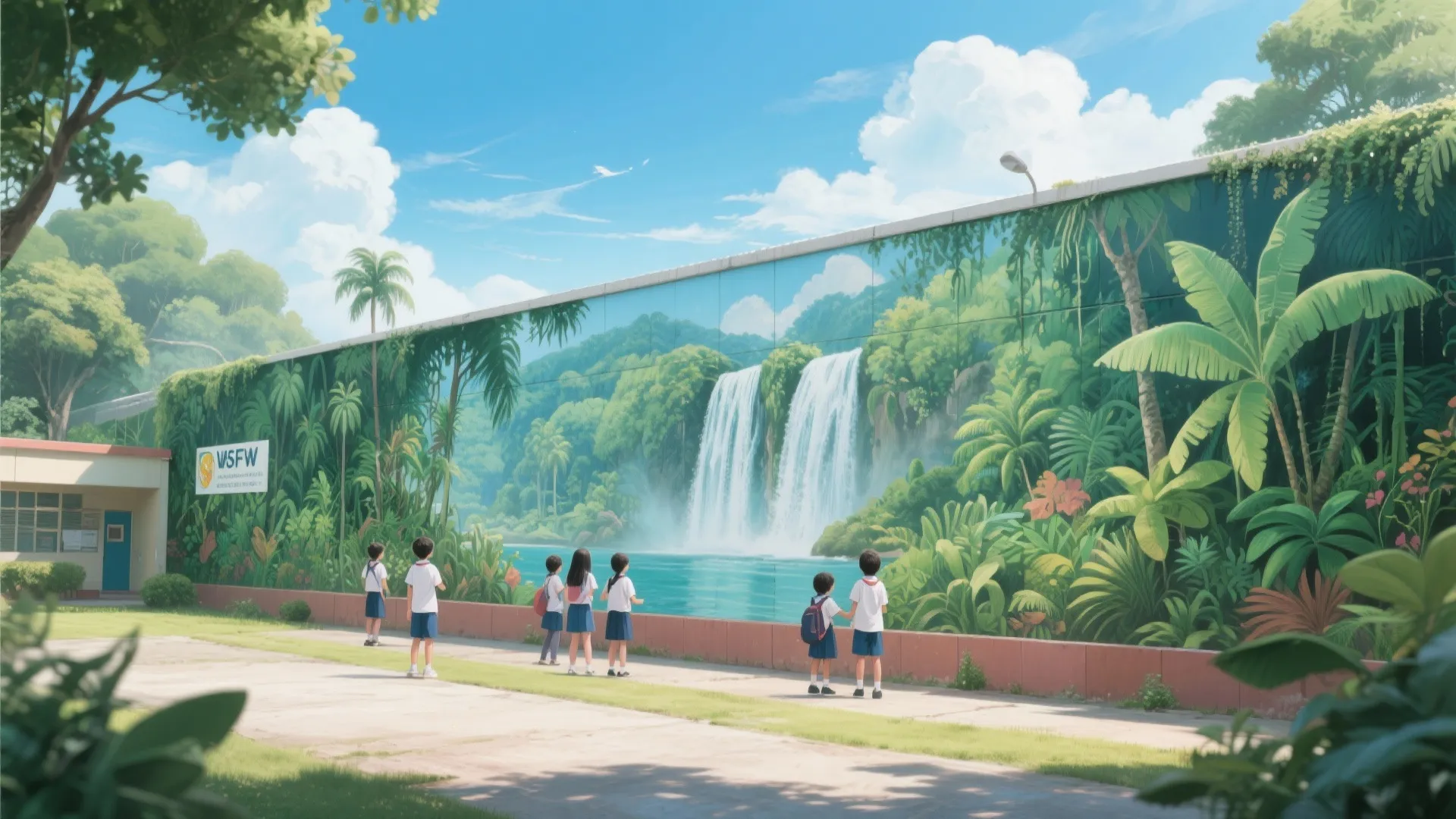 School wall mural depicting jungle and waterfalls
