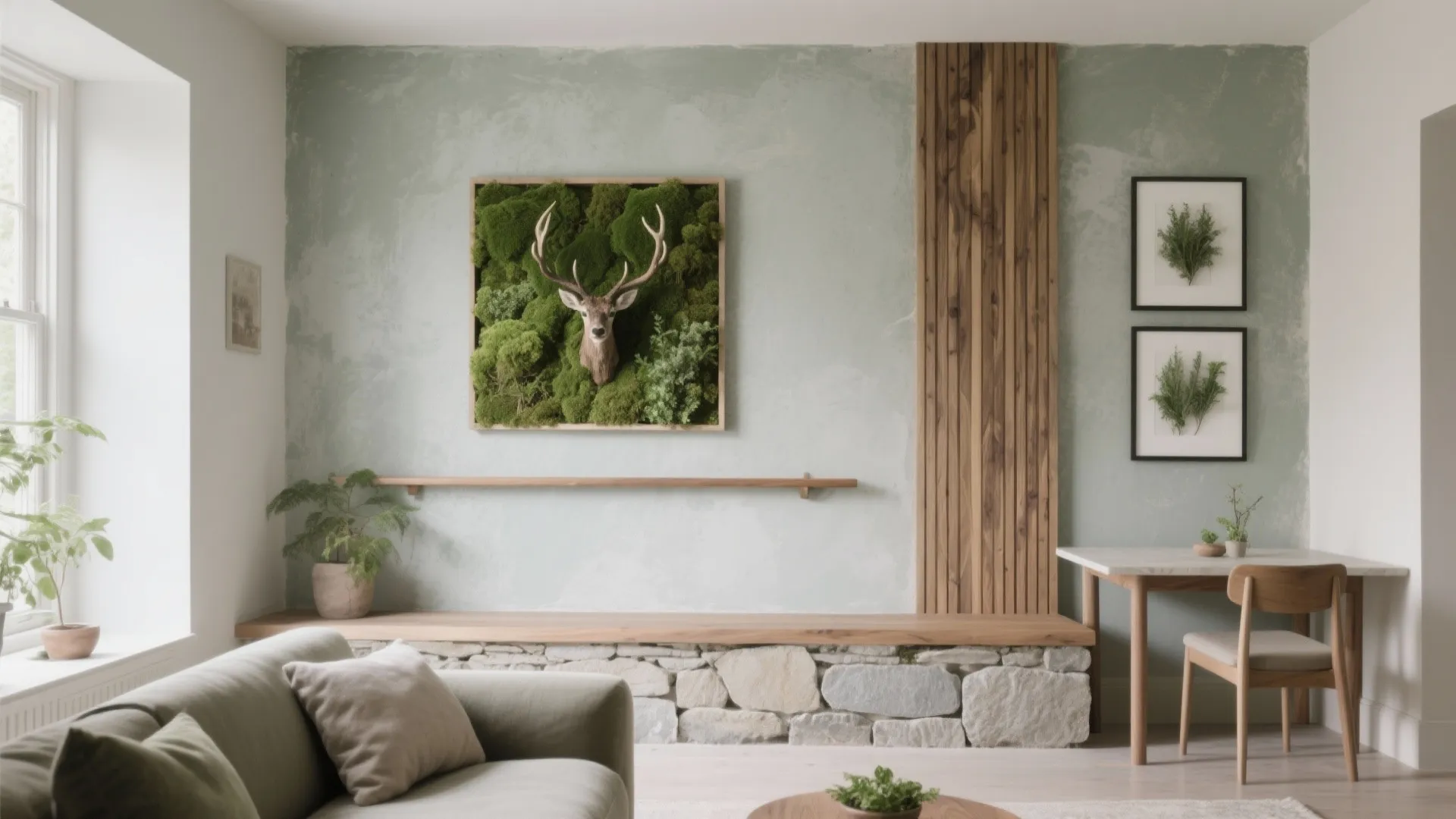 Modern living room featuring a green moss wall with deer head and stone bench seat
