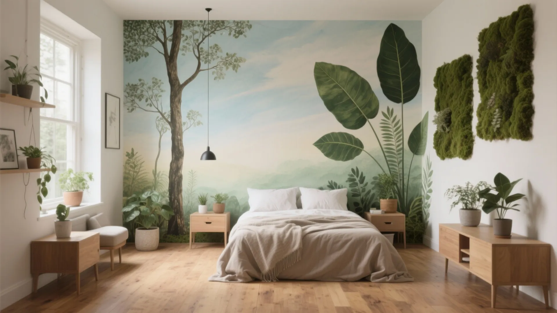 Bright bedroom featuring nature wallpaper green moss wall panels wooden furniture and many potted plants