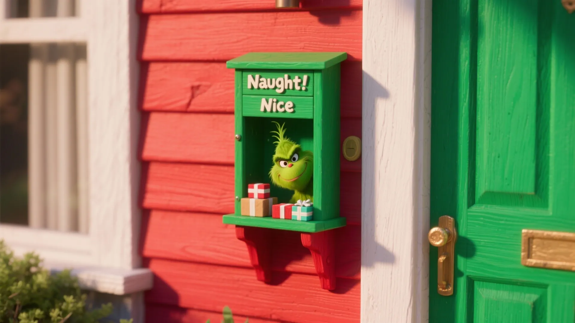 Green mailbox on red wall featuring green character with small gift boxes and green door