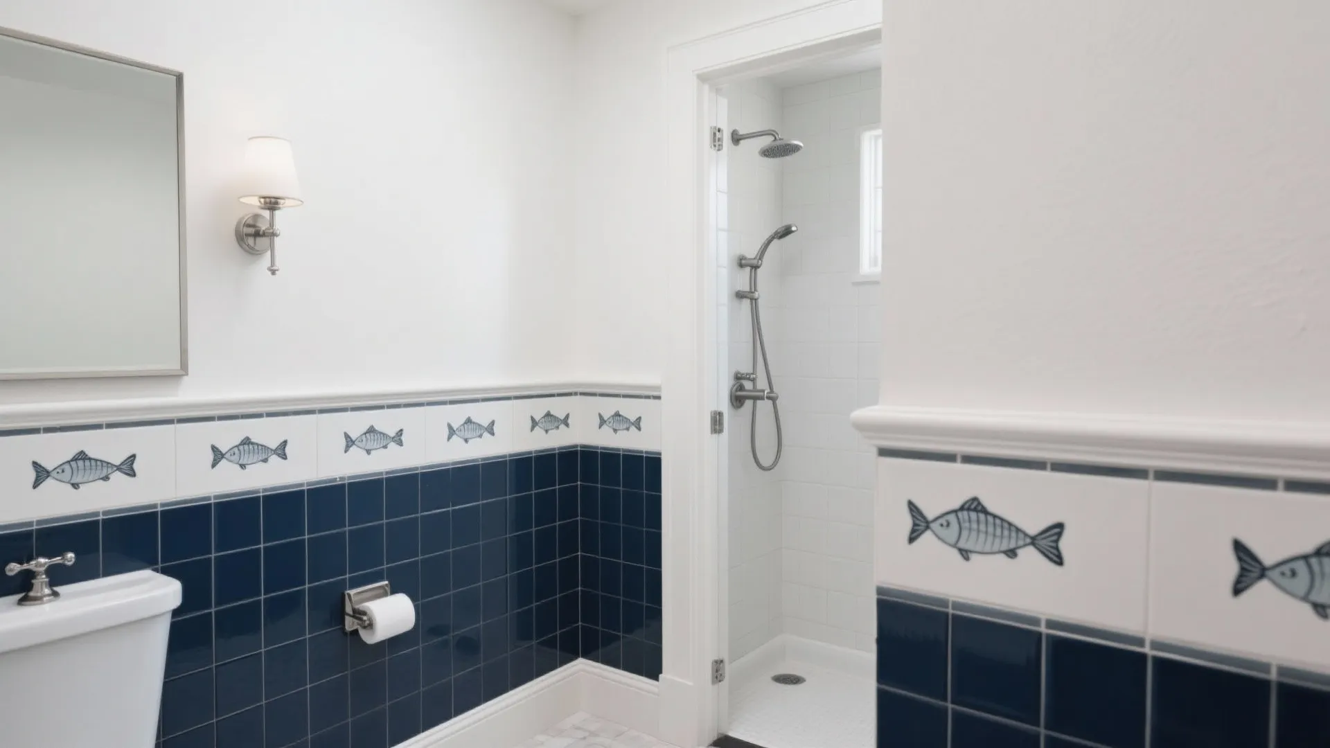 Modern bathroom with blue tile walls fish pattern border white shower area and wall light