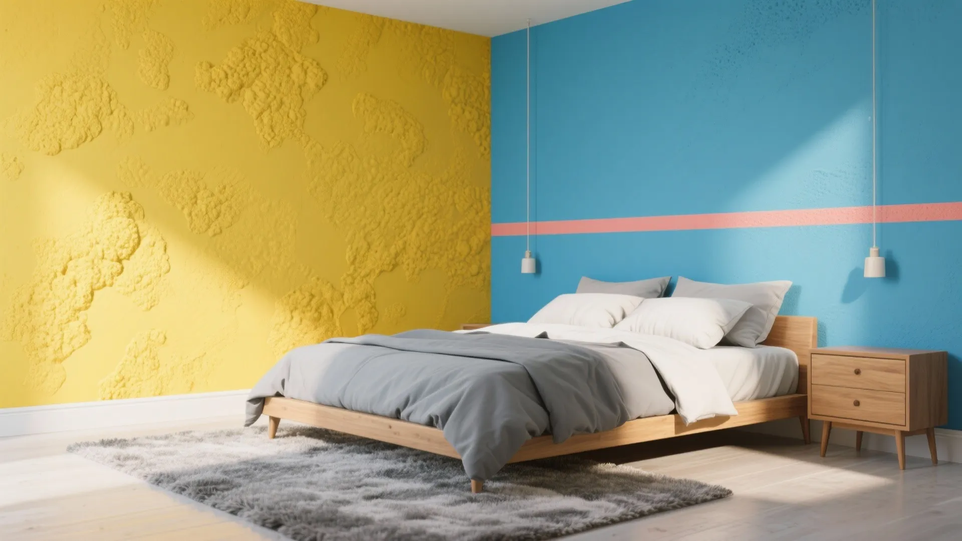 Modern bedroom with yellow textured wall blue accent wall wooden bed and grey shag rug