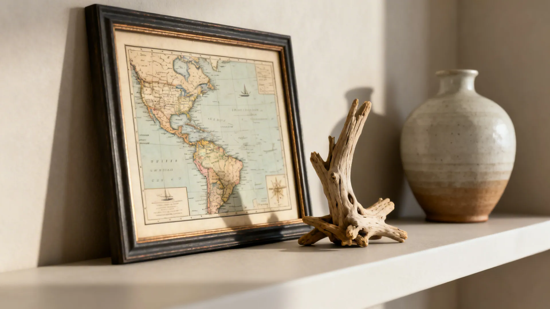 Shelving vignette with a framed vintage map, driftwood and local ceramic in a lake house living room