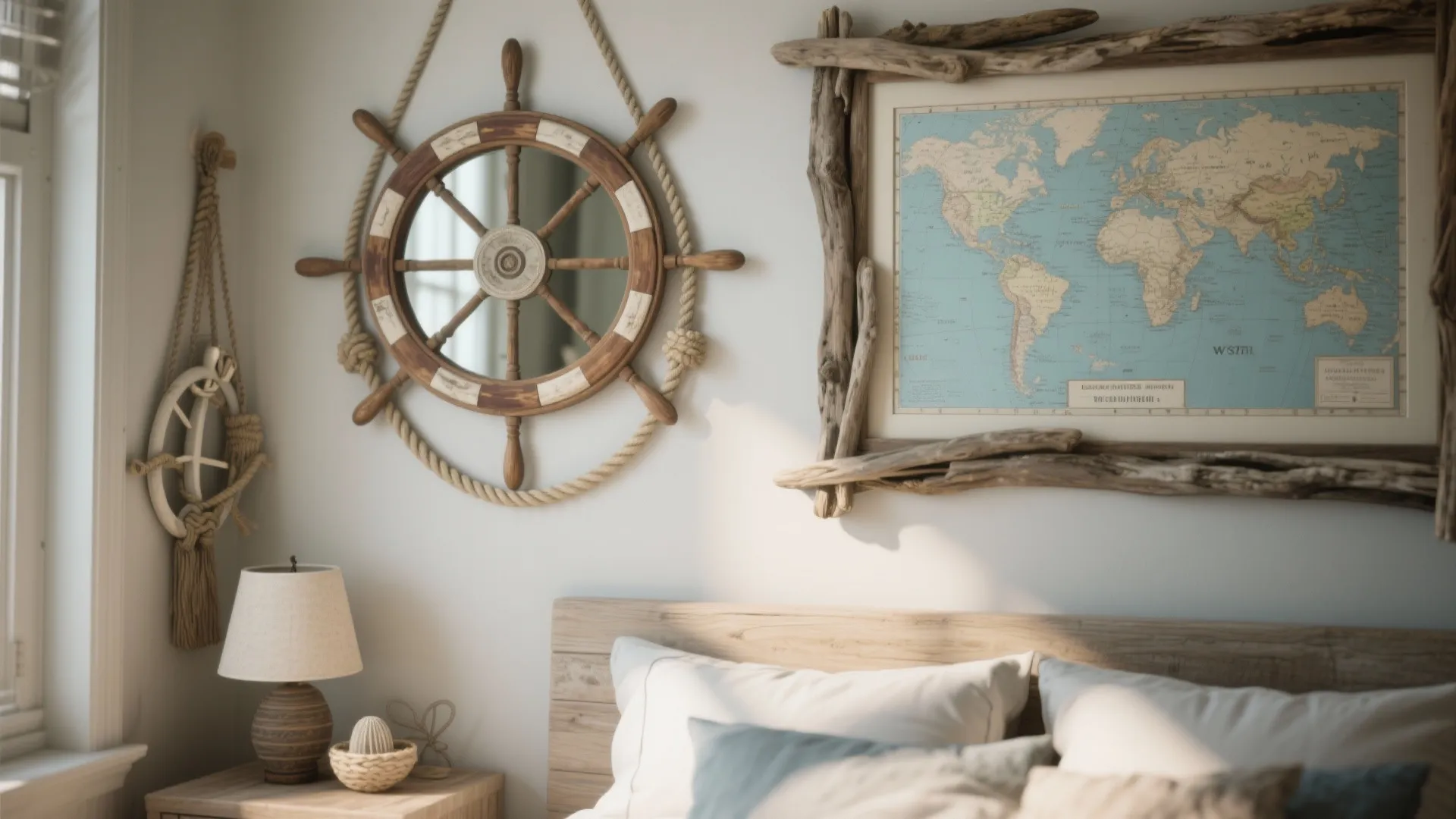 Nautical theme bedroom wall decor with wooden ship wheel mirror world map and bedside lamp