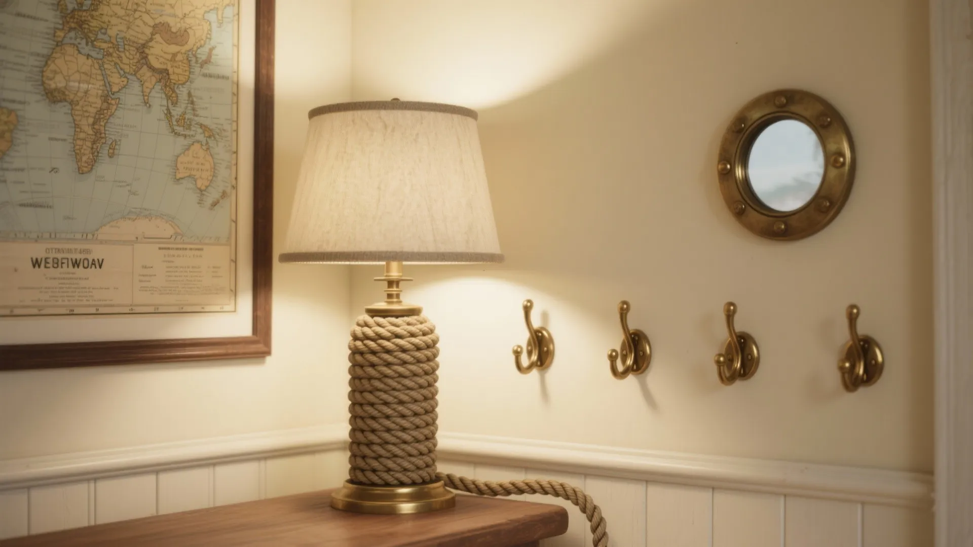 Rope table lamp on wooden desk with world map brass hooks and white wall panel decoration