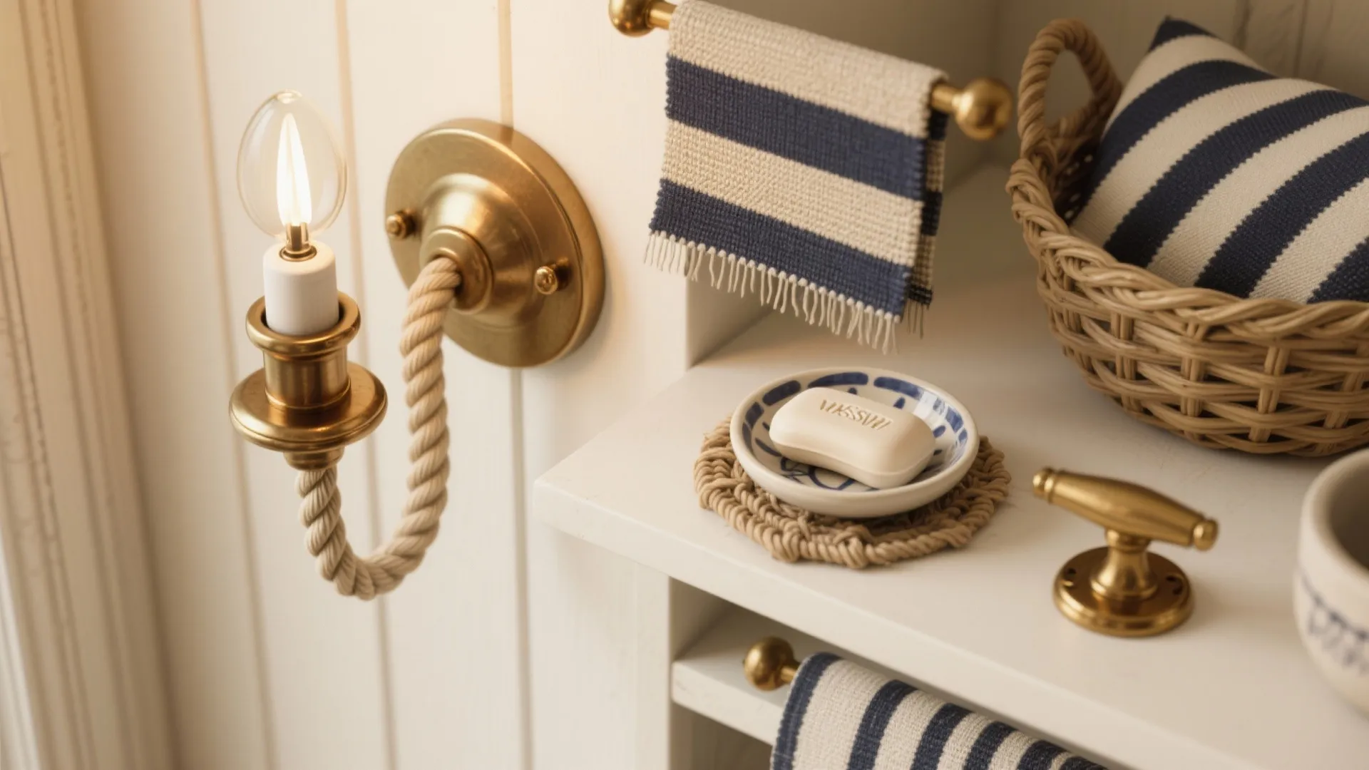 Nautical bathroom wall light with rope detail next to striped towels and small soap dish
