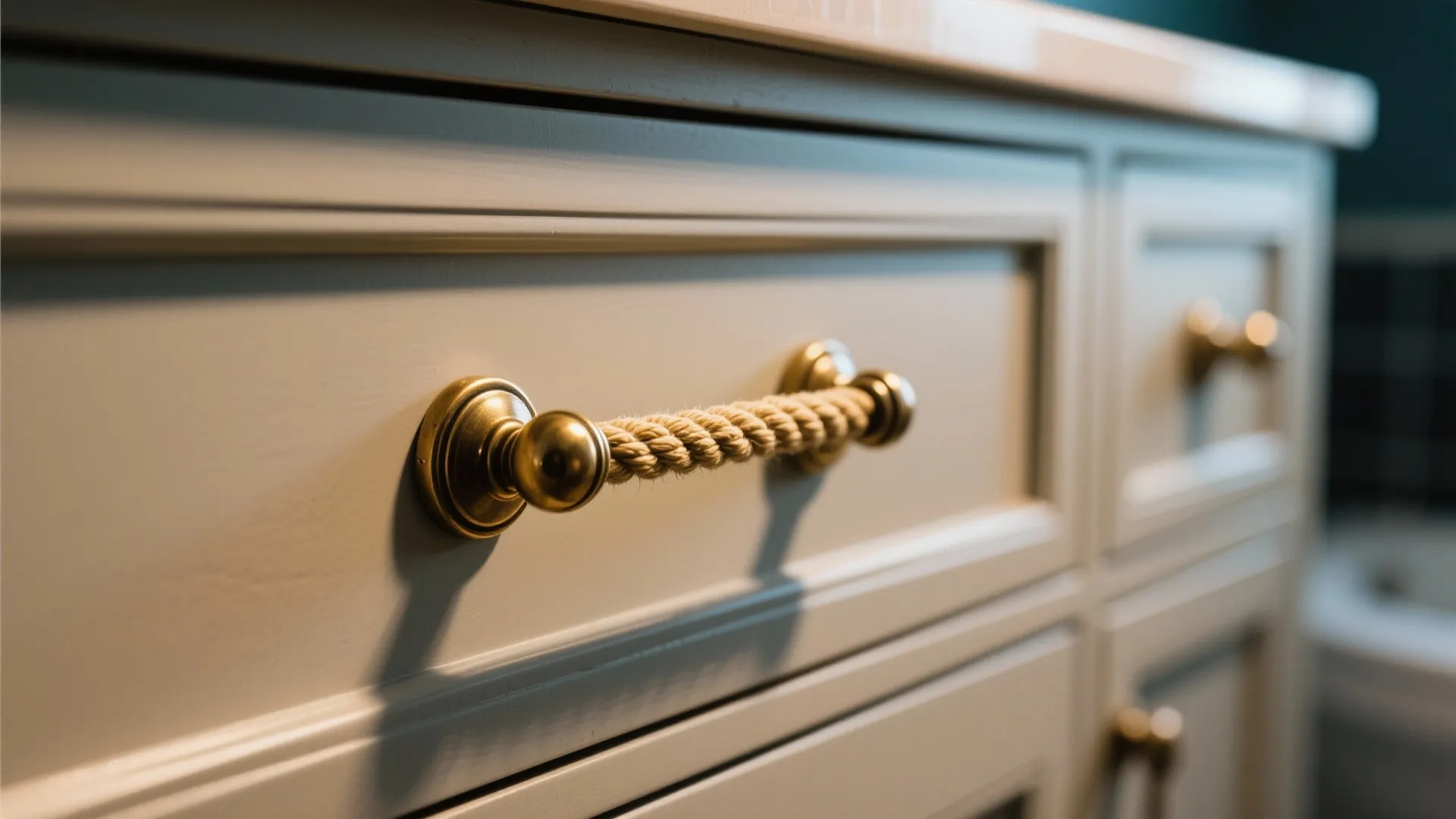Close up of a white cabinet drawer with a unique gold and rope handle design