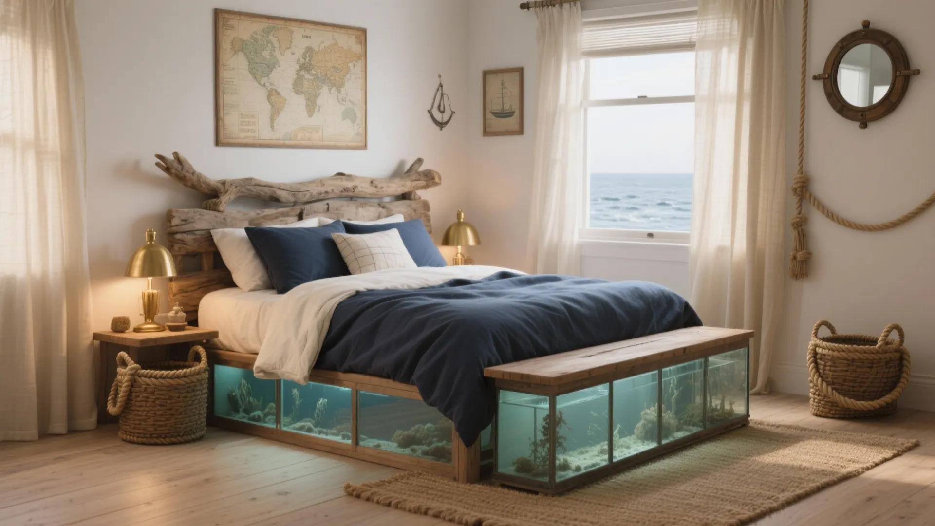 Nautical bedroom featuring driftwood bed with built in aquarium base and ocean view through window