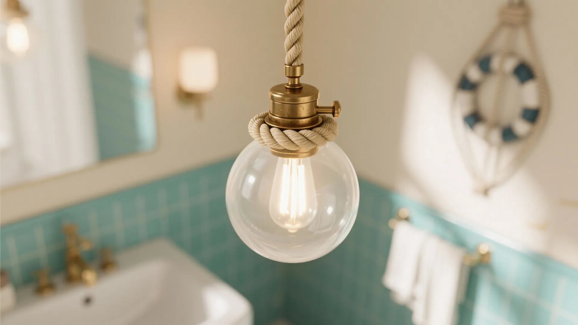Close up of hanging ceiling light with rope detail in blue and white nautical bathroom