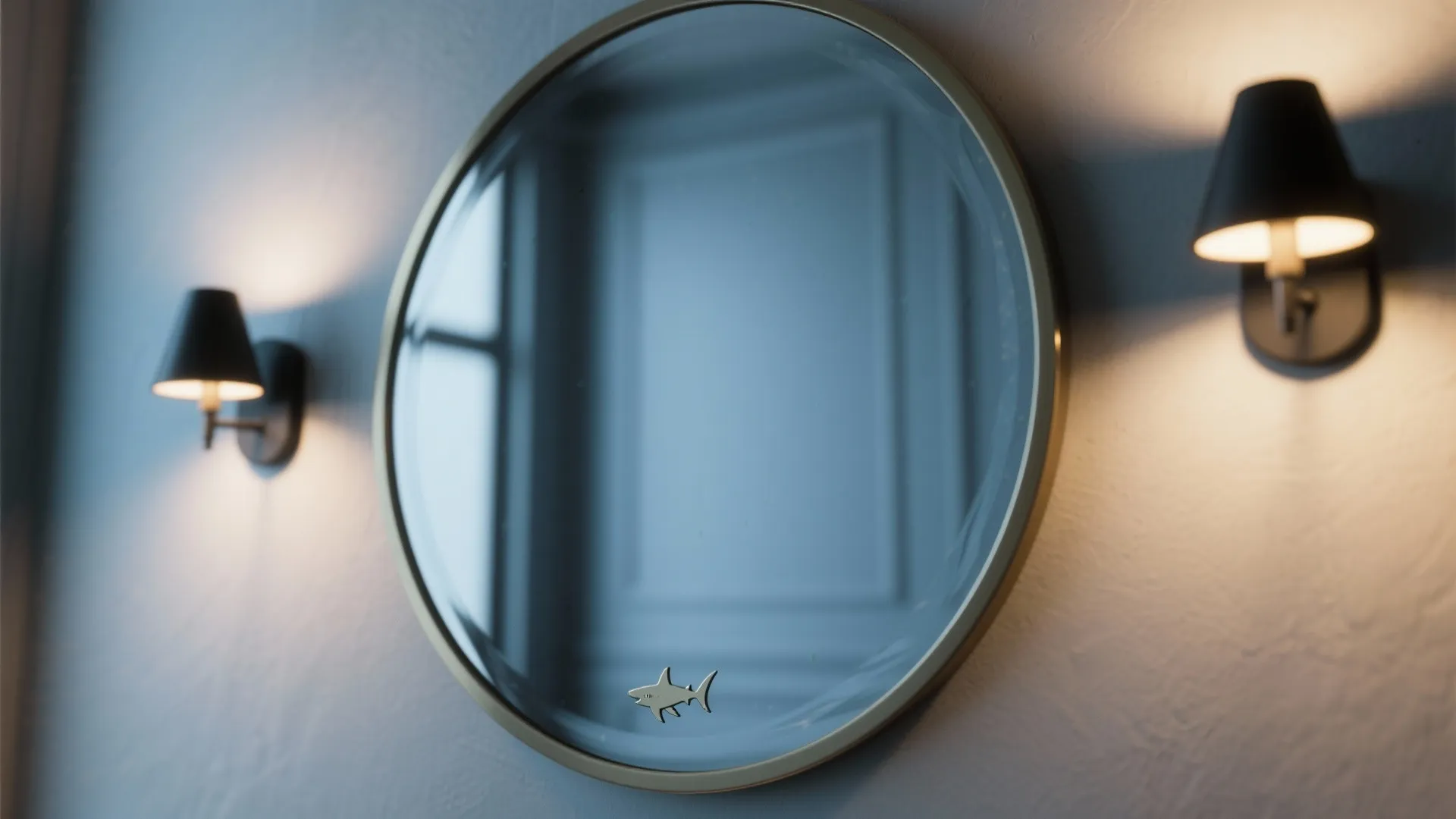 Round bathroom mirror with a subtle shark etching in the corner and warm LED task lighting.
