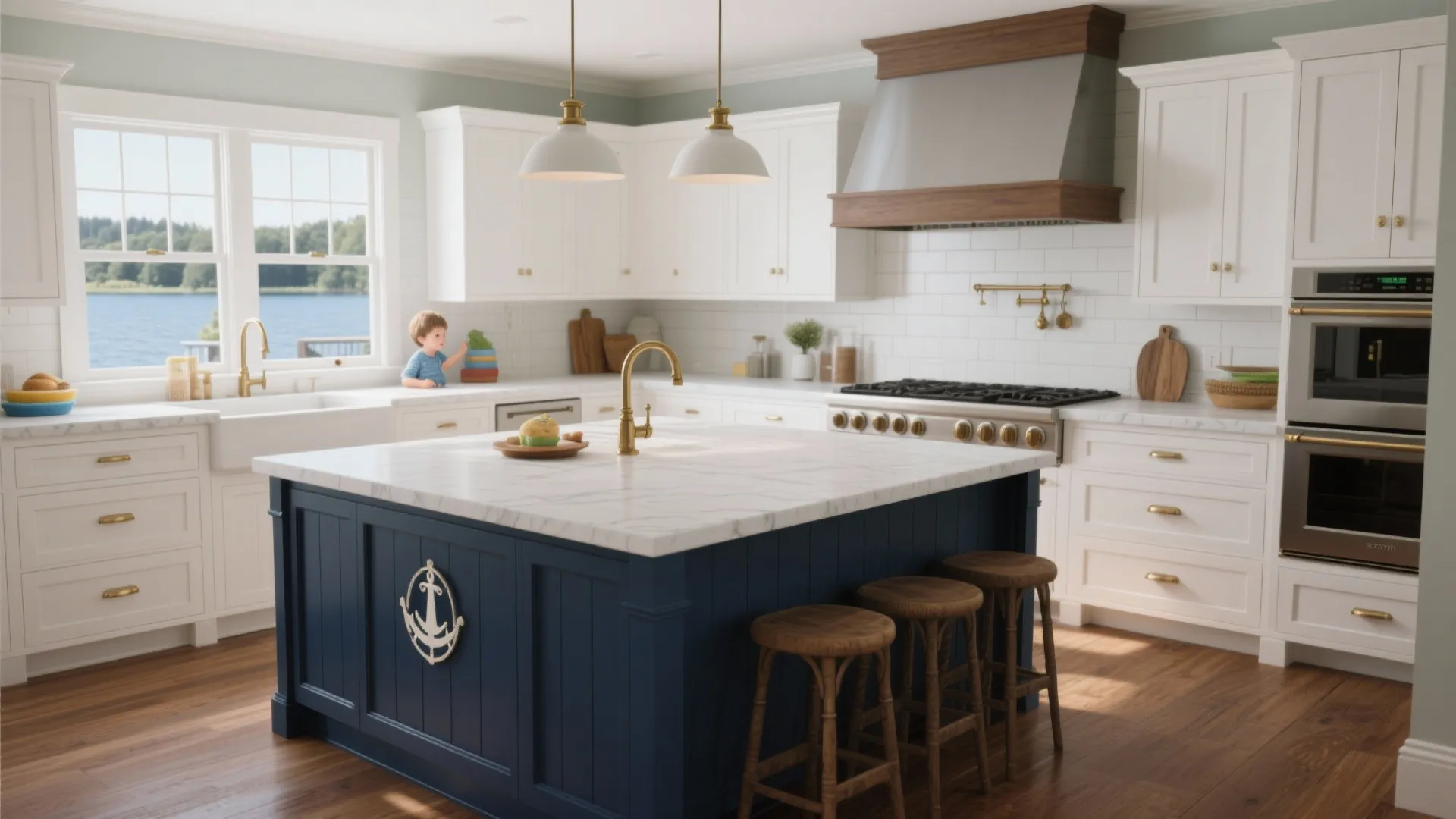 Kitchen scene with a nautical navy island, white shiplap and brass hardware beside lake-facing windows.
