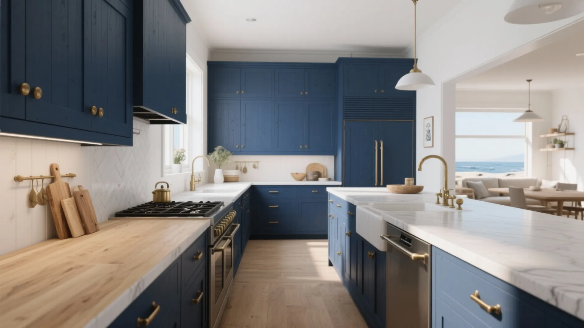 Kitchen with nautical navy cabinetry paired with bleached oak and metallic hardware.