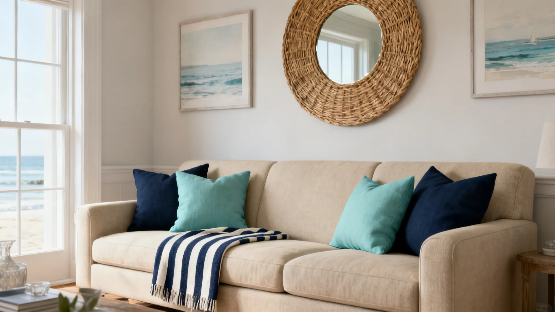 Living room using navy, sandy beige, and muted aqua with a single striped throw as a statement piece.