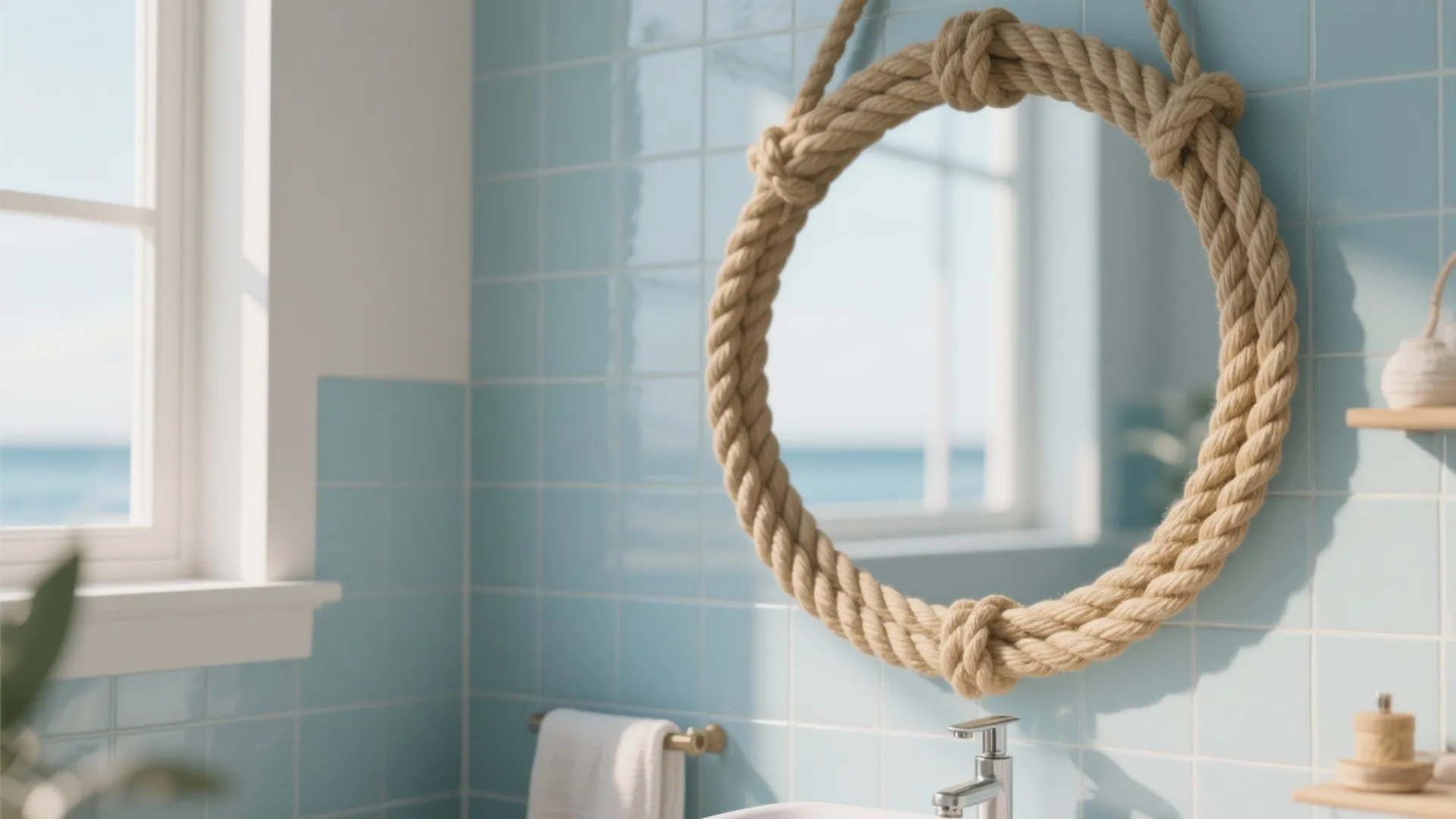 Round bathroom mirror framed with nautical rope
