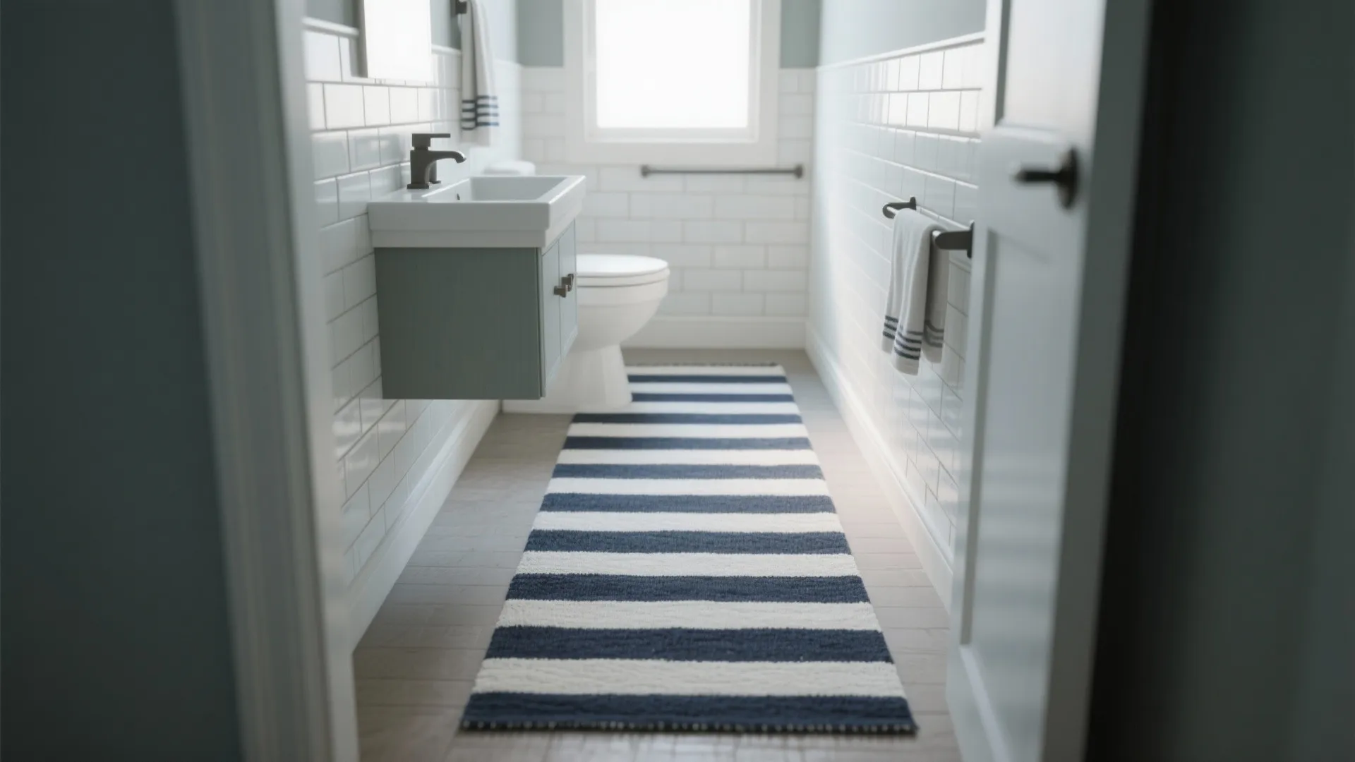 Long bathroom floor mat with navy blue and white stripes placed between sink and toilet