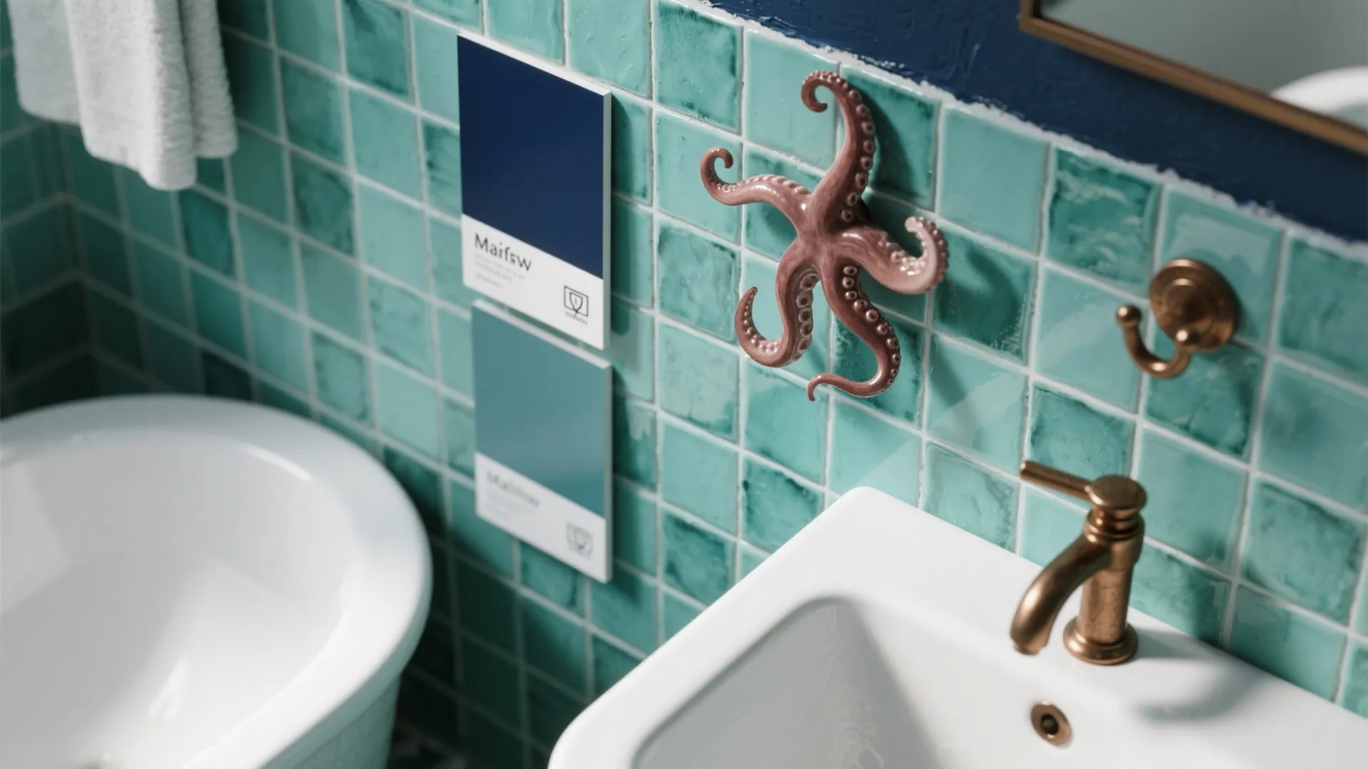 Flat lay of navy paint, seafoam tiles, bronze tentacle hooks for a nautical bathroom