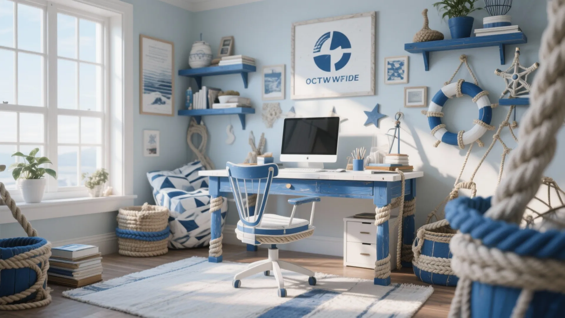 Nautical themed study desk with blue and white accents