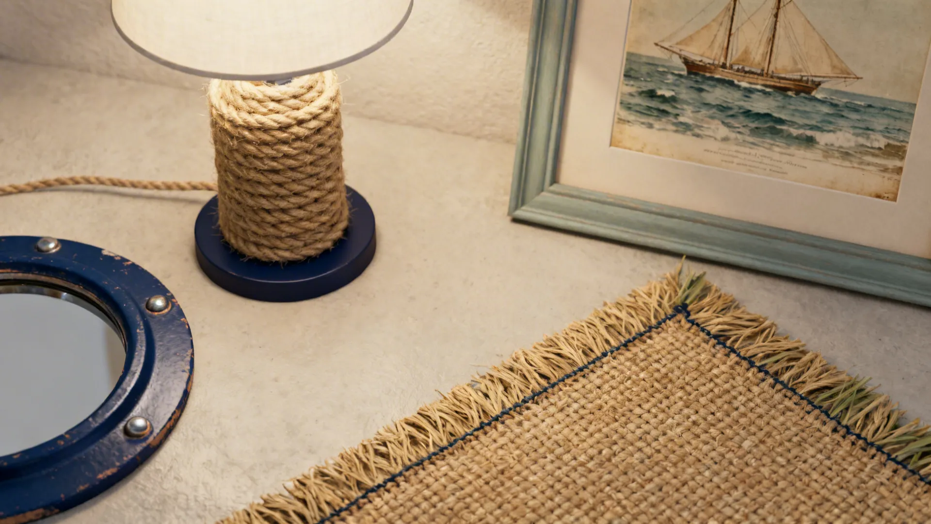 Curated nautical accents including a rope lamp base and seagrass rug with a vintage coastal print.