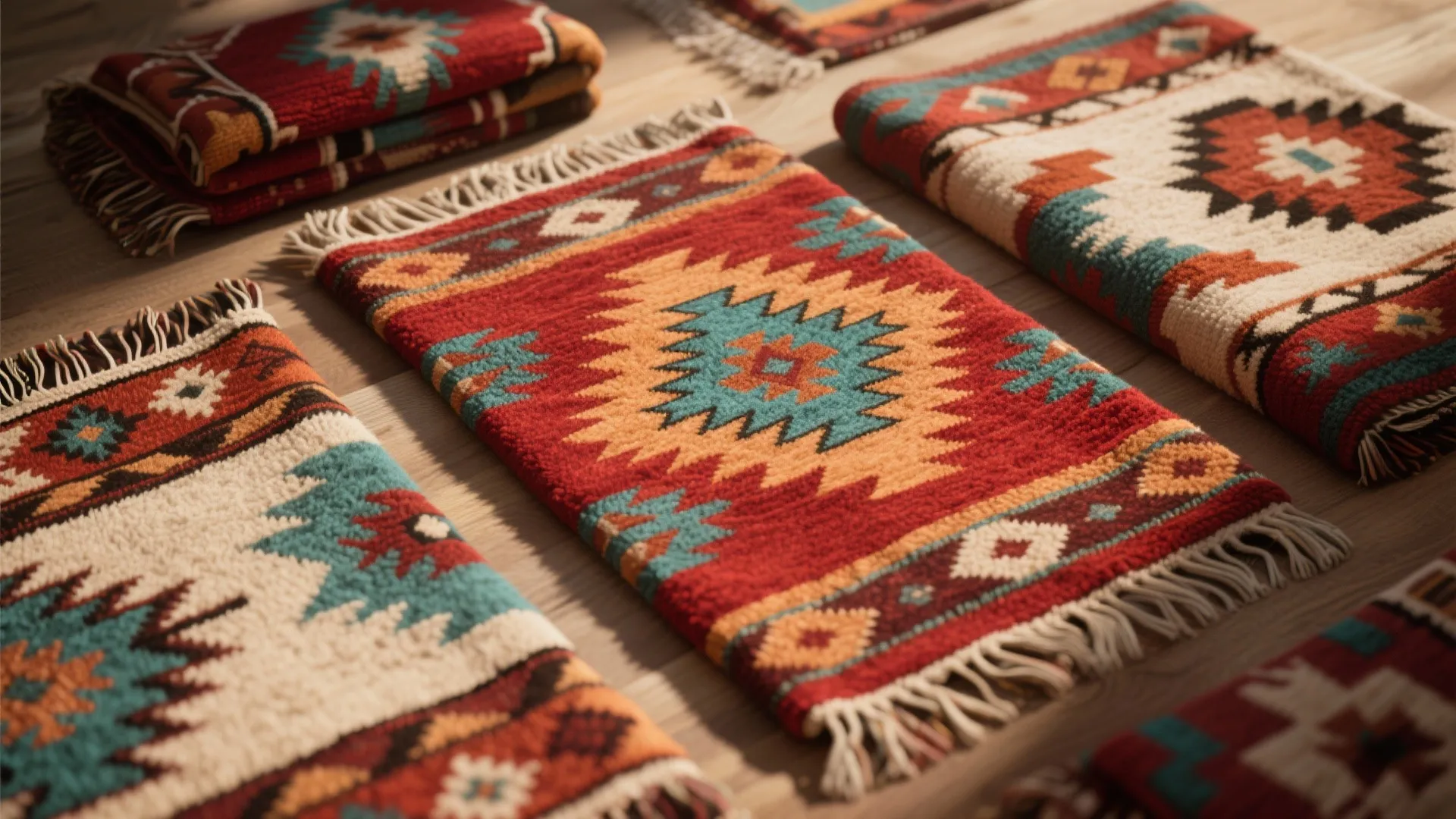 Colorful Navajo-patterned rugs and blankets in warm earthy tones