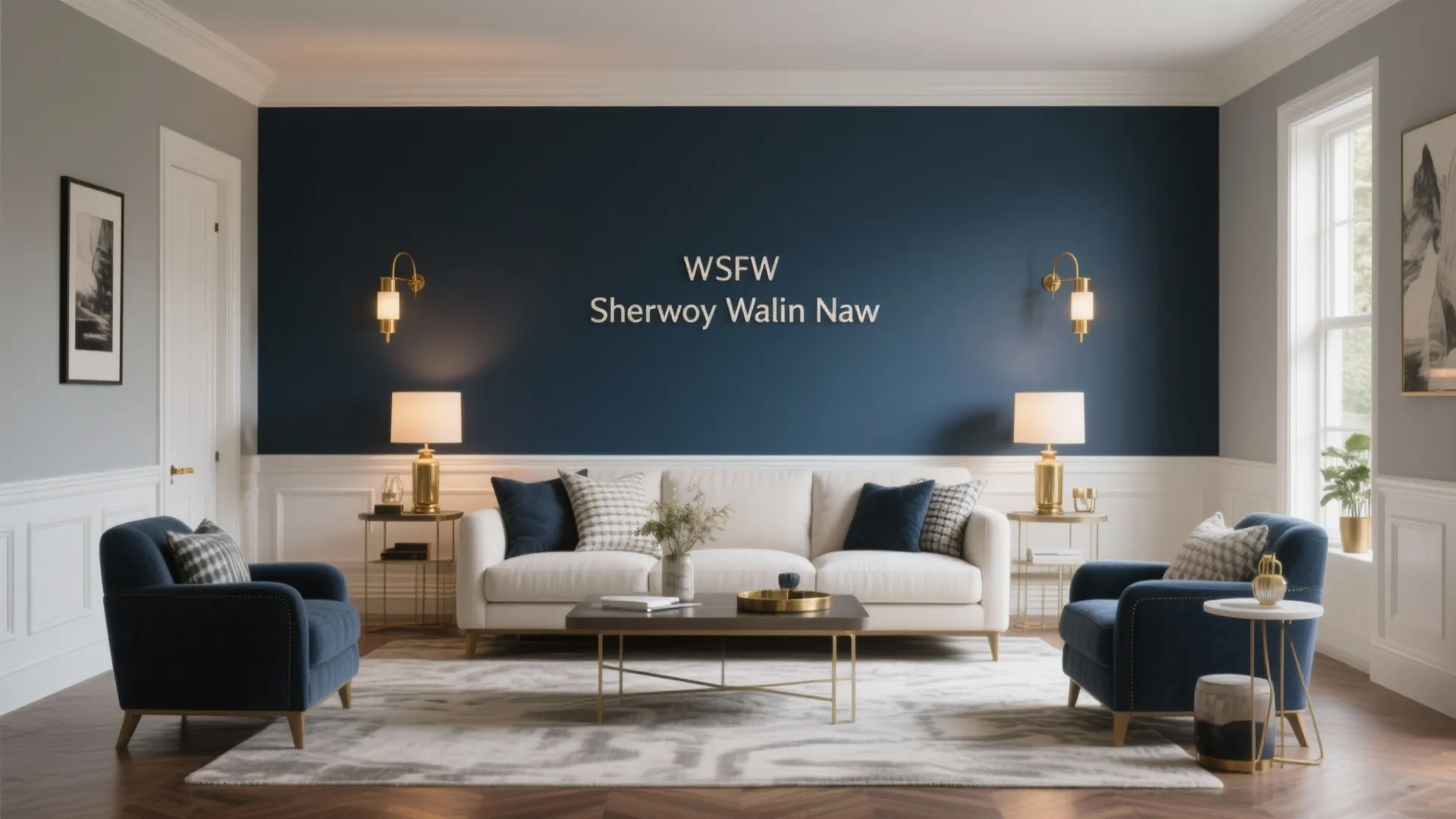 Modern living room featuring navy blue wall white sofa two blue armchairs and wall lights