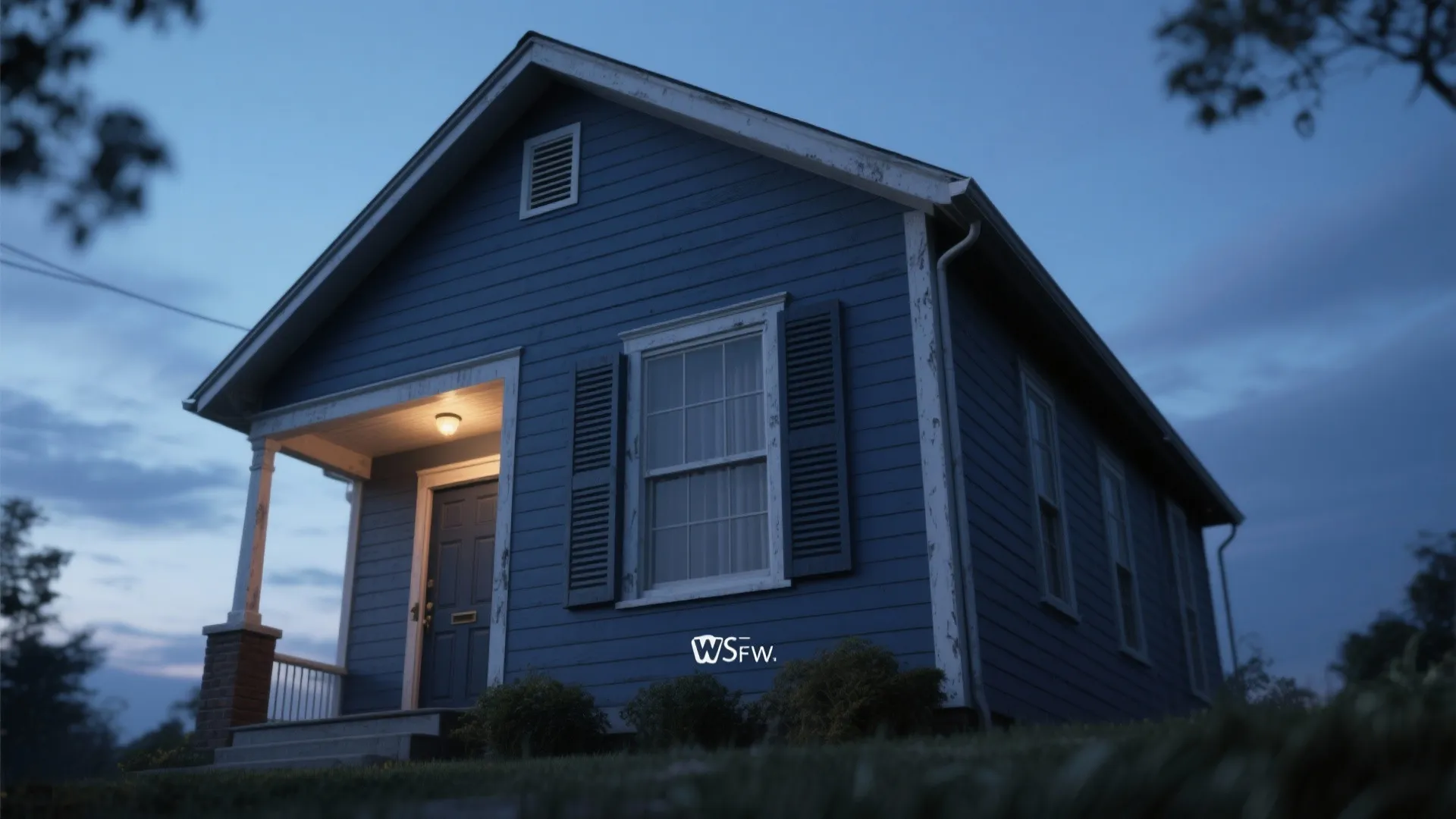 Traditional blue wooden house at dusk with porch light on and dark blue front door