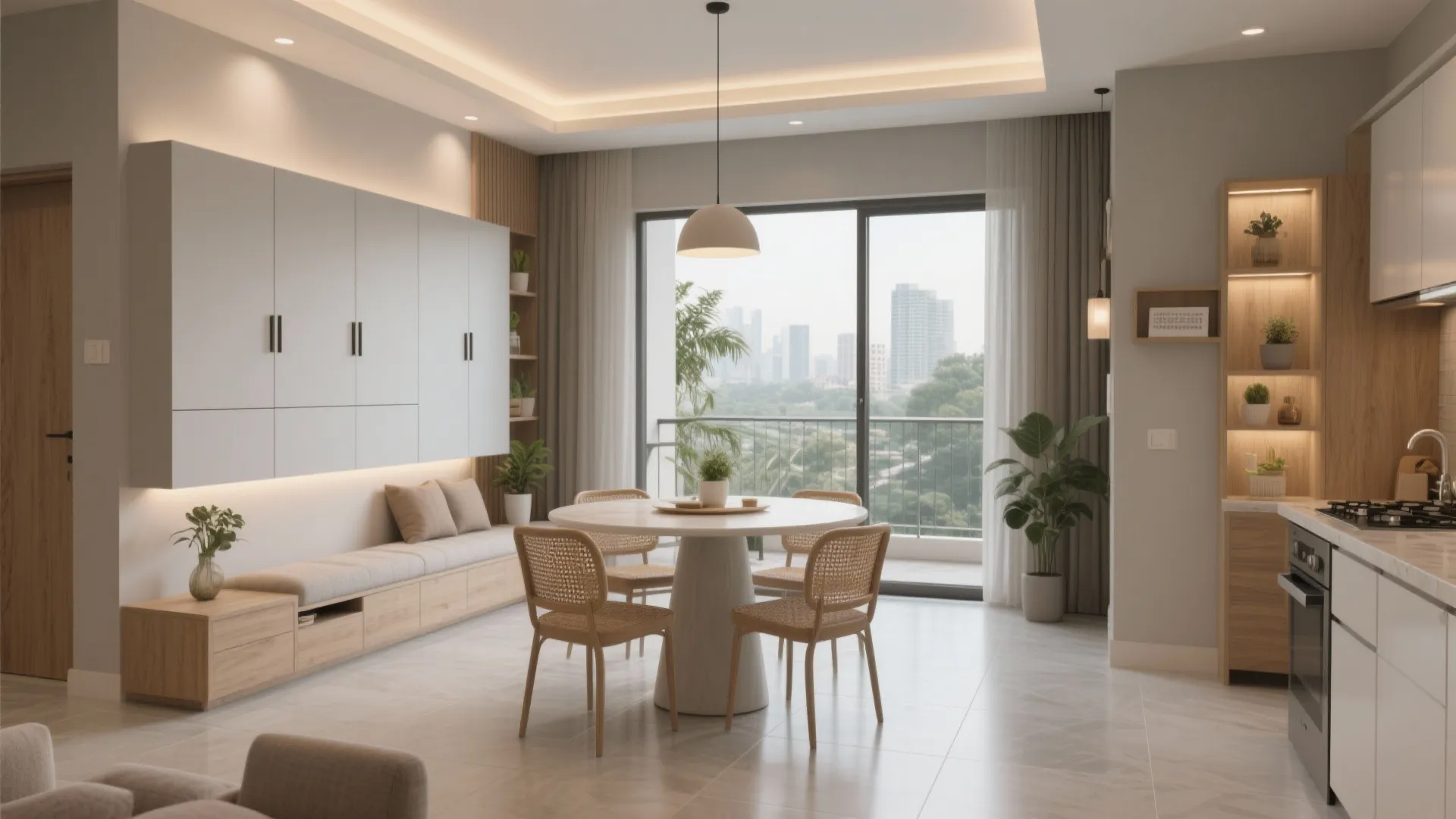 Modern open plan dining area with round table wooden chairs kitchen counter and large balcony window