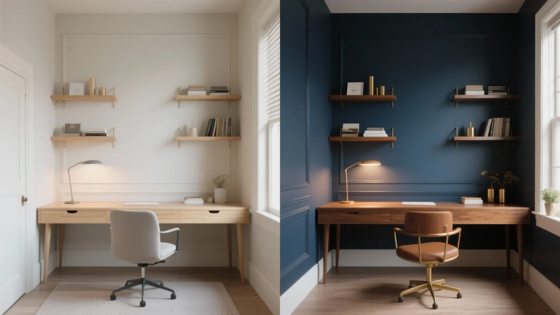 Side by side comparison of a white home office and a dark blue home office