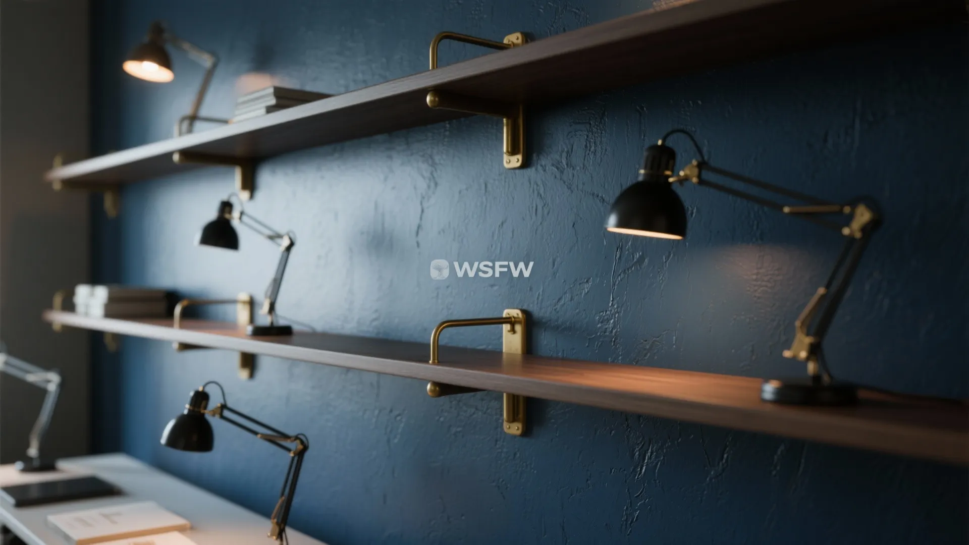 Dark blue textured wall with wooden floating shelves and several black adjustable table light fixtures included
