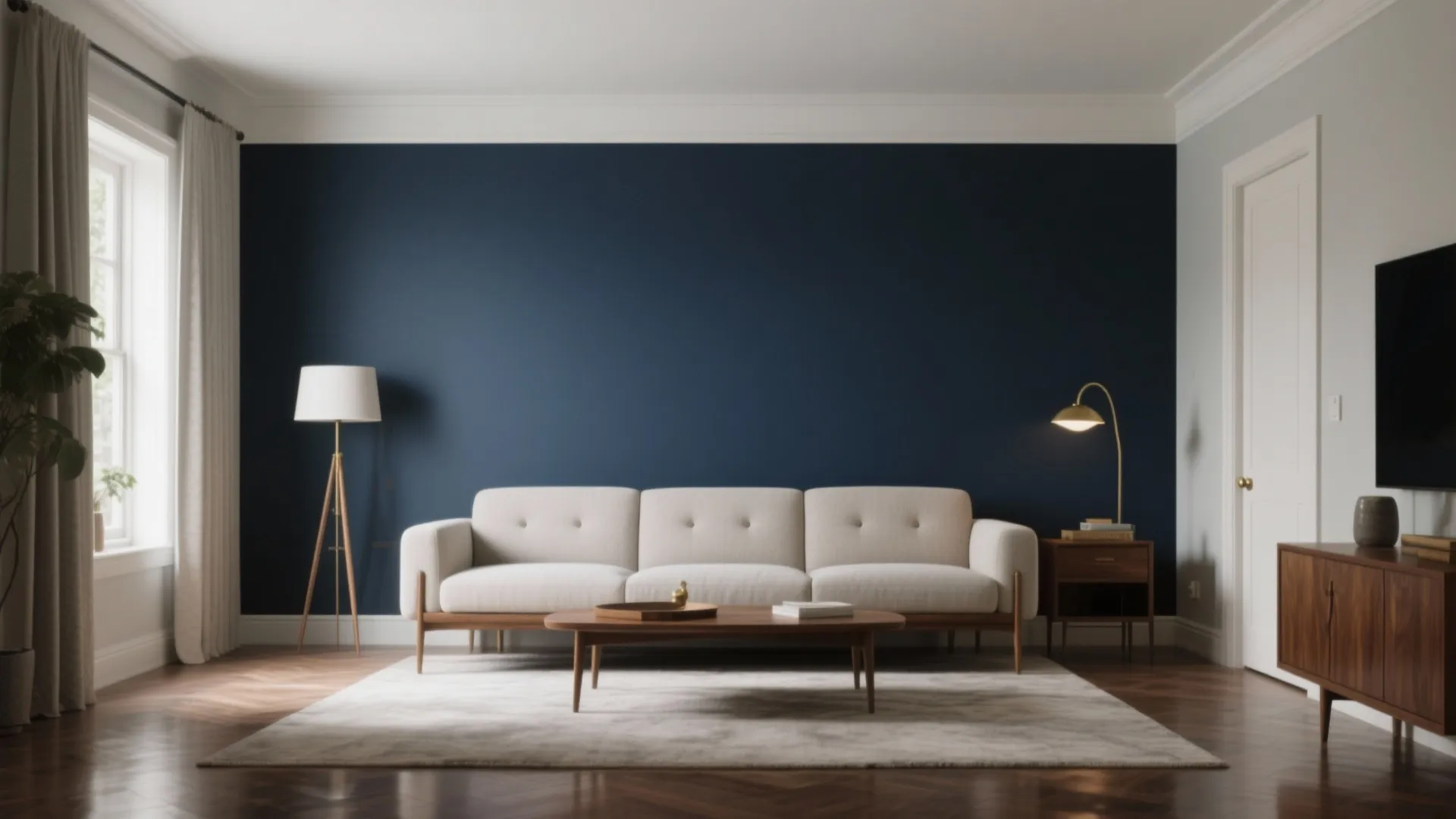 Living room with navy blue accent wall white sofa wooden coffee table and floor lamp