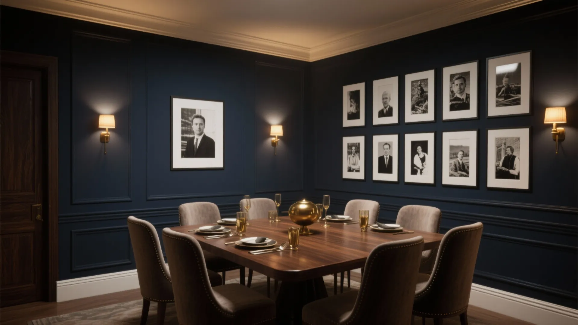 Navy blue dining room with wall lights framed portraits on wall and square wooden table